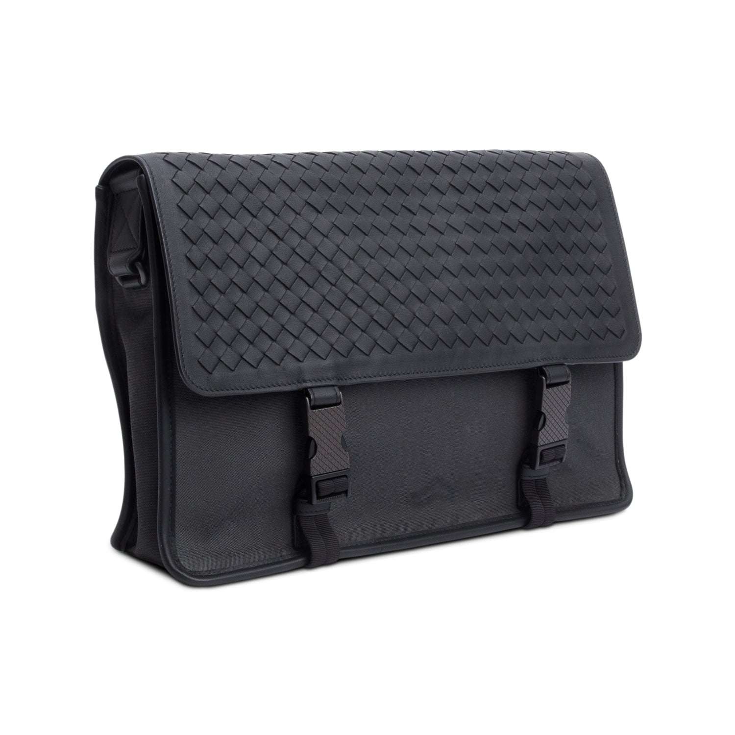 Bottega Veneta  Black Intrecciato Leather Canvas Flap Messenger Bag