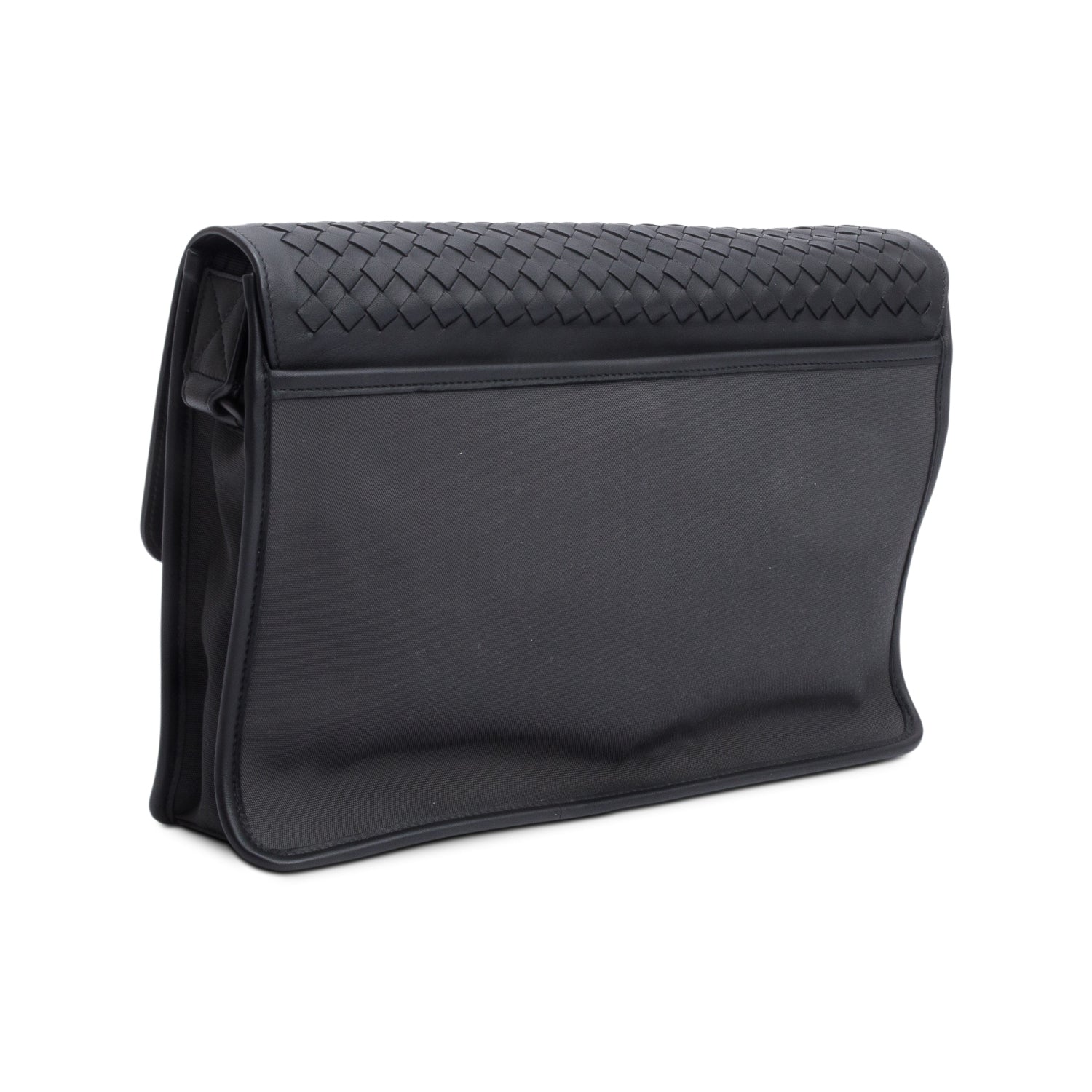 Bottega Veneta  Black Intrecciato Leather Canvas Flap Messenger Bag