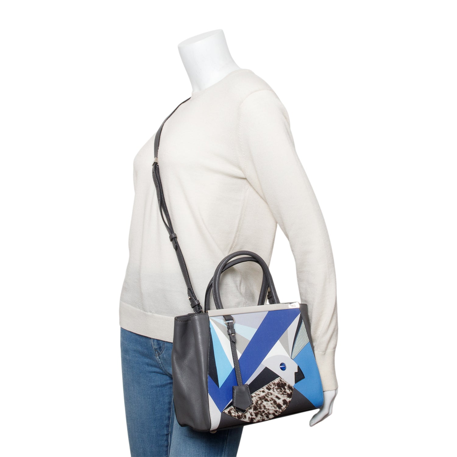 Fendi Grey Vitello Elite Leather Pony Hair & Python Trim Bird Petite 2Jours Tote w/ Strap