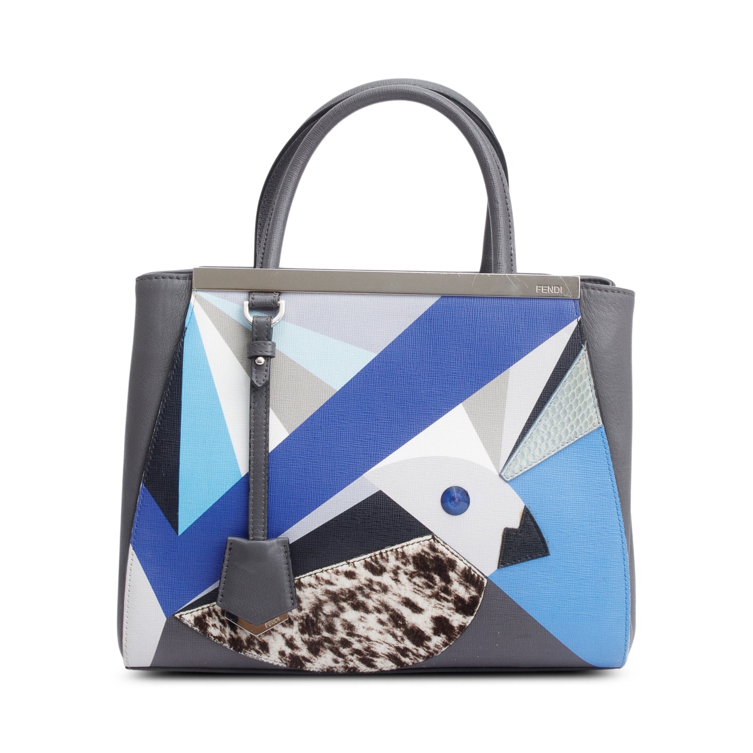 Fendi Grey Vitello Elite Leather Pony Hair & Python Trim Bird Petite 2Jours Tote w/ Strap