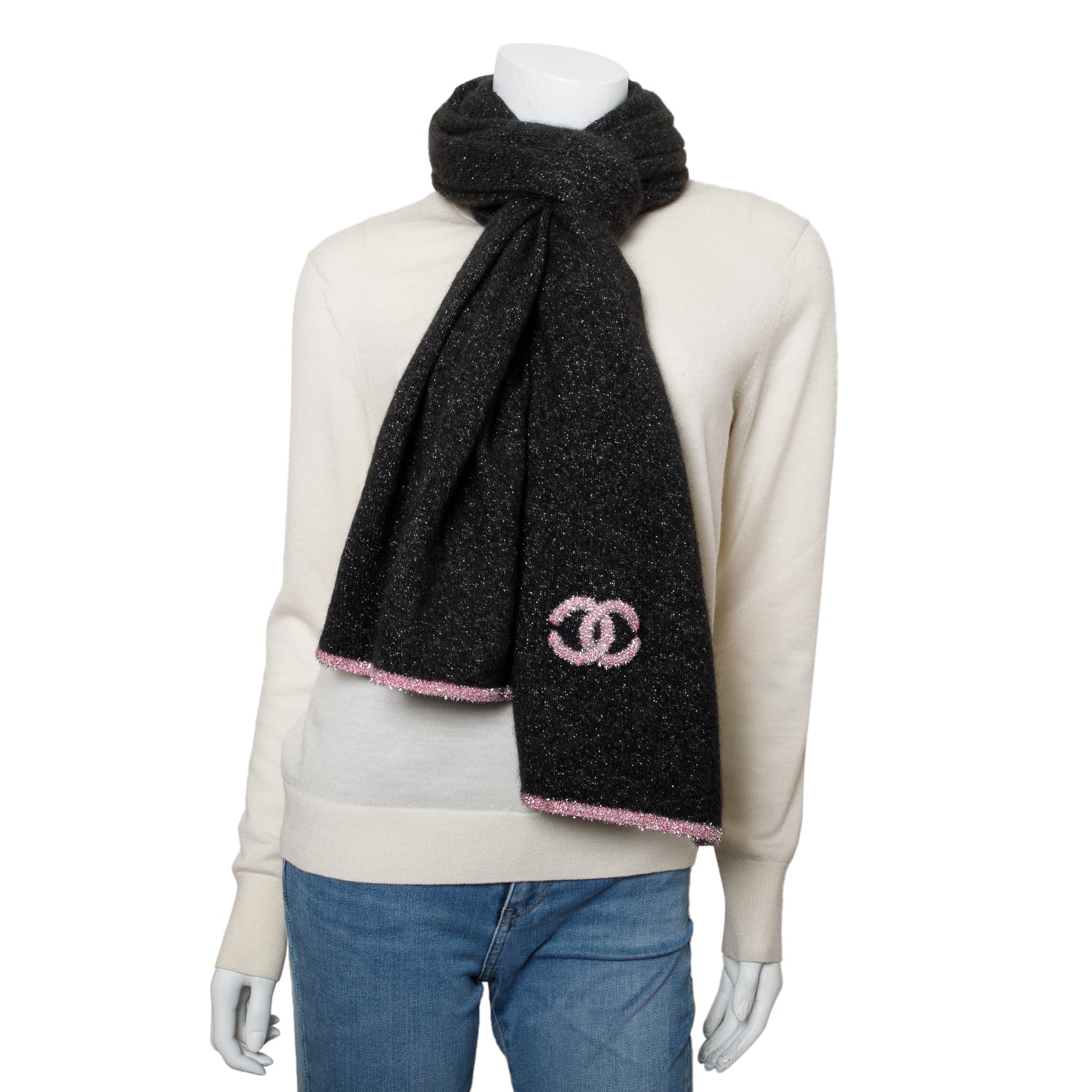 Chanel Black & Pink Glitter CC Cashmere Scarf