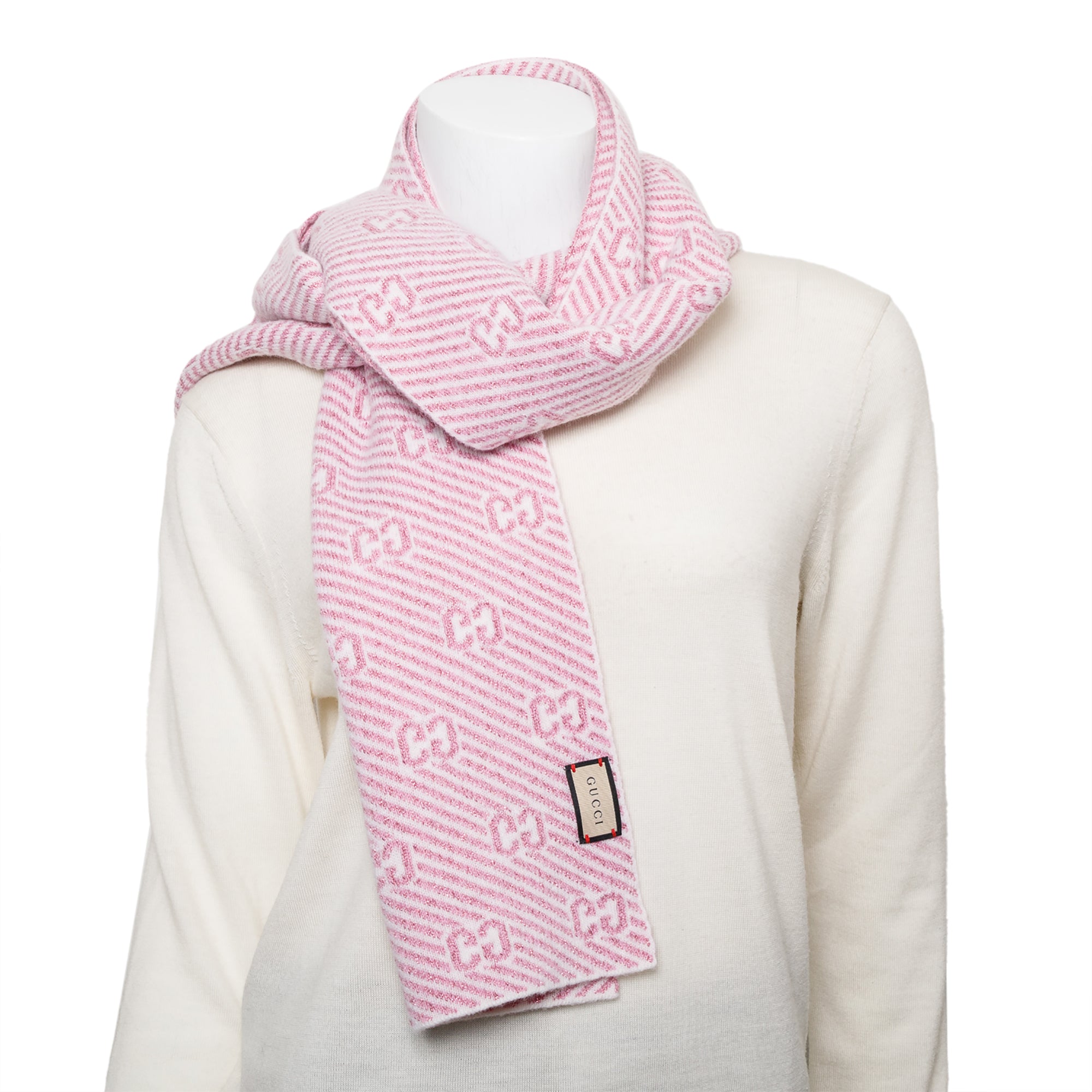 Gucci Pink Diagonal Stripe GG Jacquard Cashmere Wool Scarf