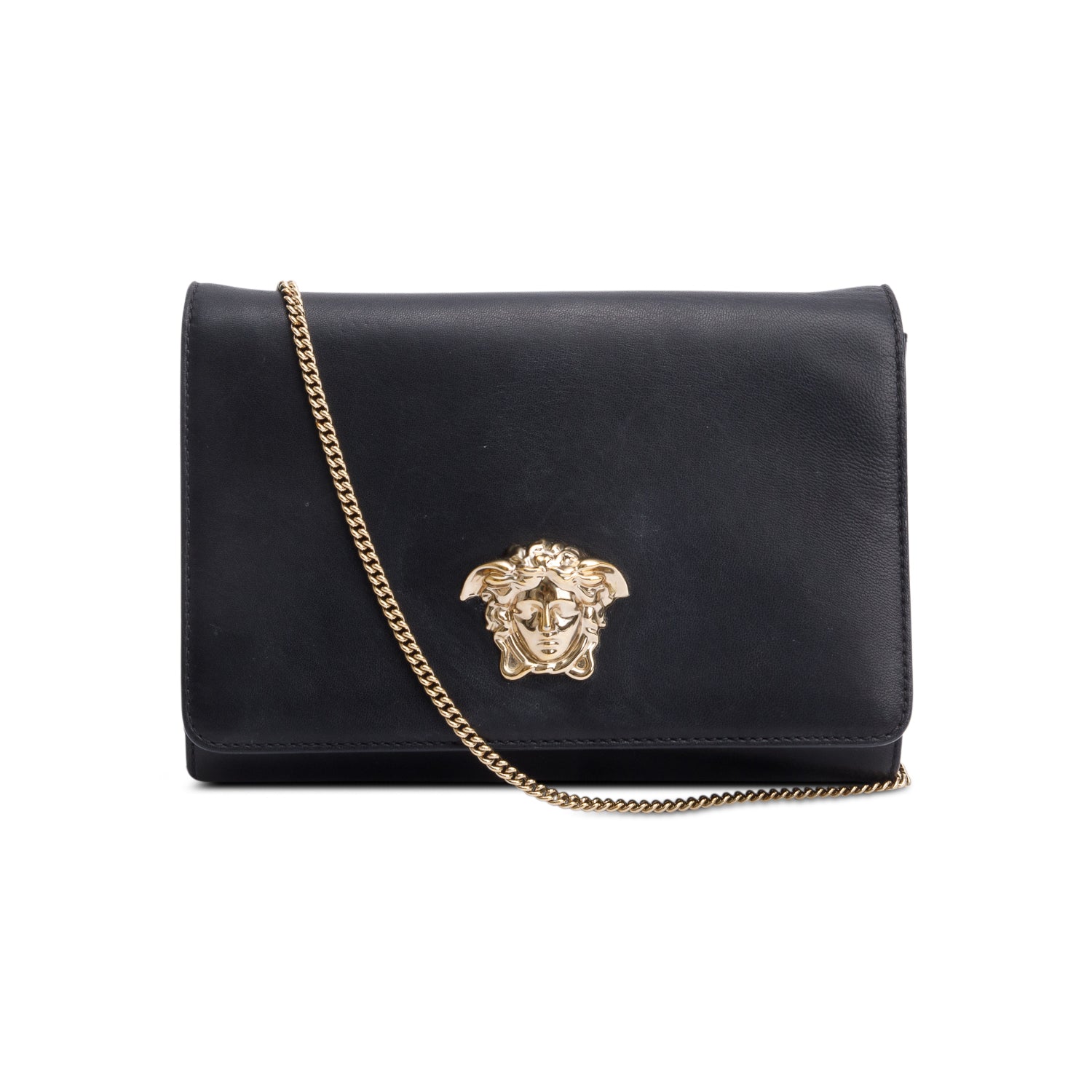 Versace Black Leather La Medusa Chain Clutch Bag w/ Authentcity Card