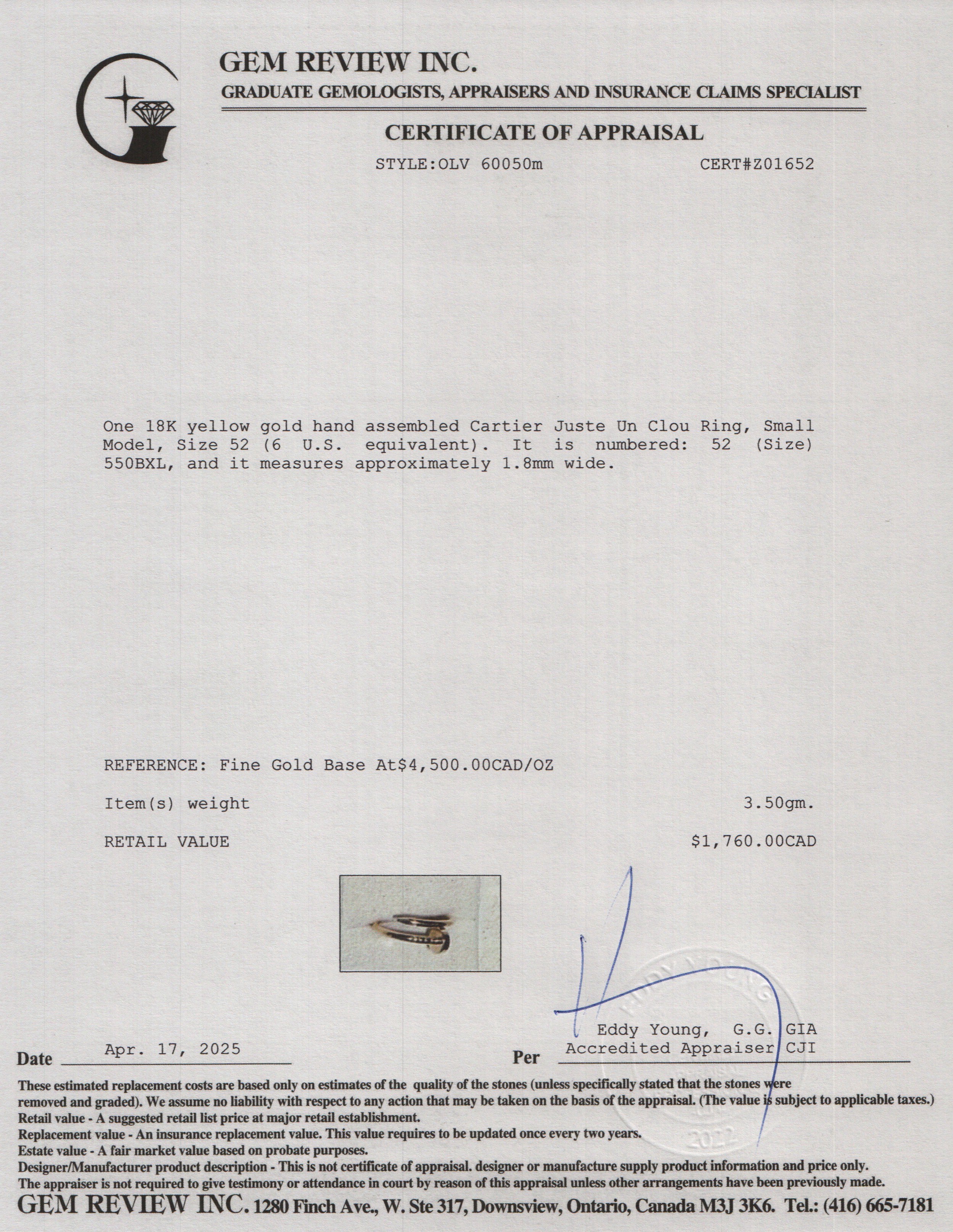 Cartier 18k Yellow Gold Juste Un Clou Ring, Small Model, Size 52 6 w/ Box