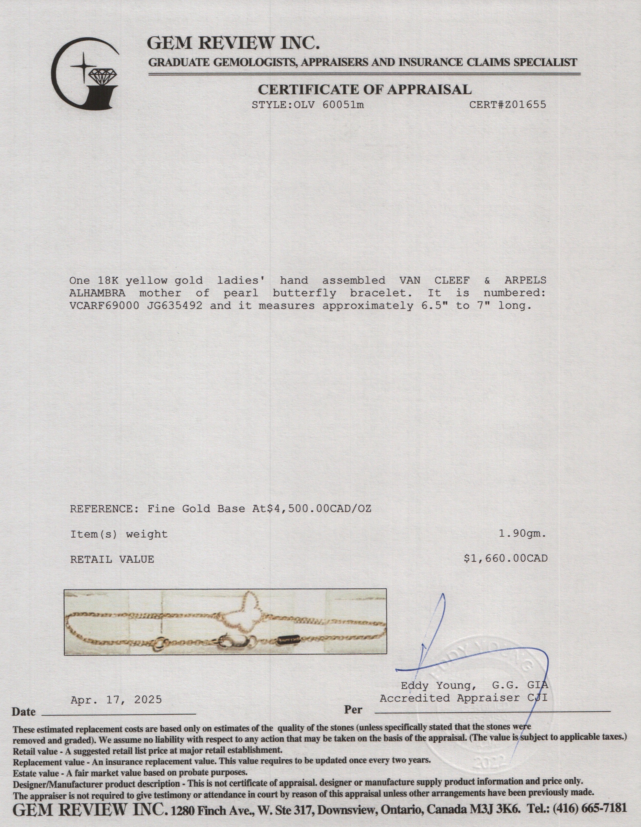 Van Cleef & Arpels 2024 18k Yellow Gold Mother of Pearl Sweet Butterflies Bracelet w/ Box, Receipt & Certificate