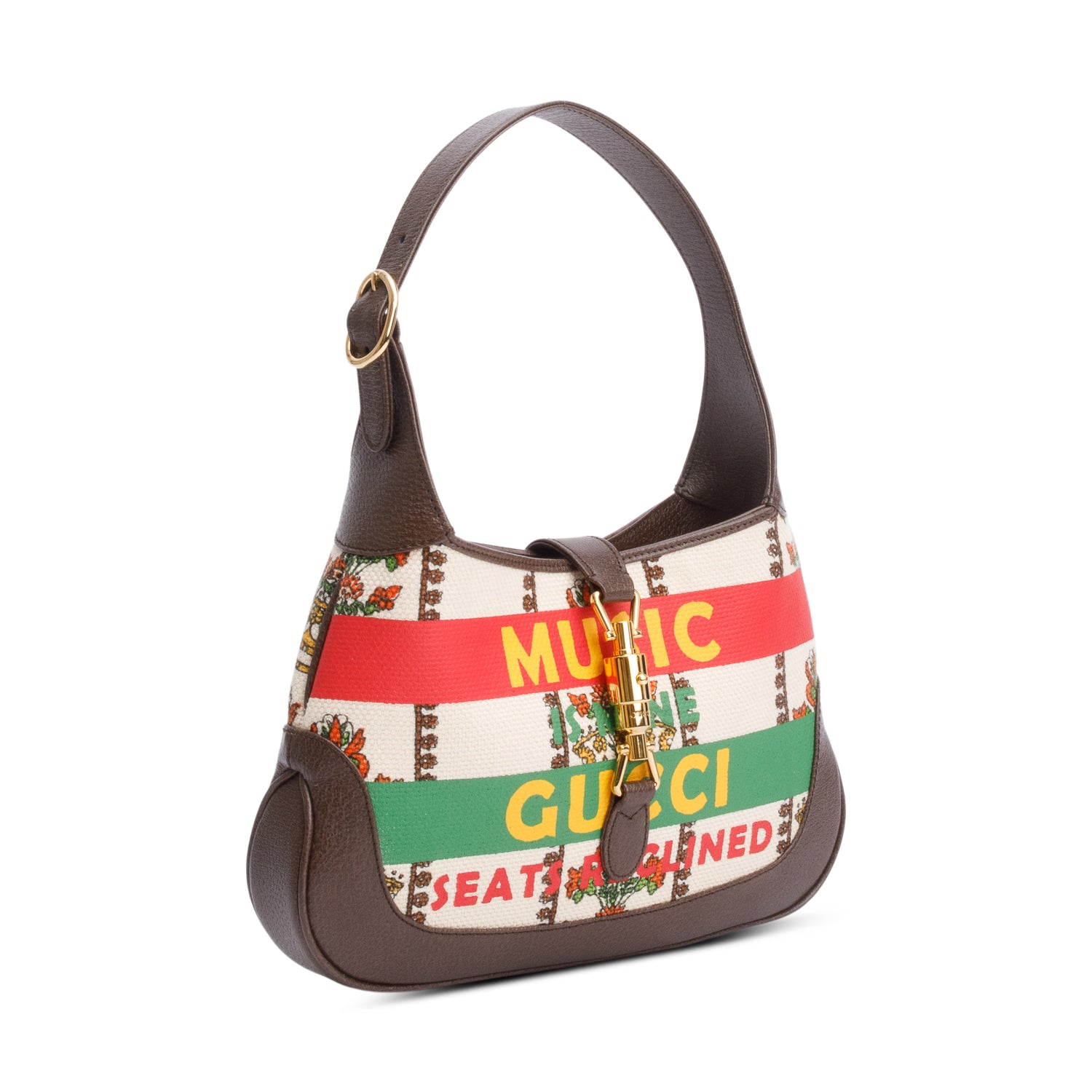 Gucci Neutral & Multicolor Music Is Mine Canvas Brown Leather Trim Small Jackie 1961 Shoulder Bag w/ Strap