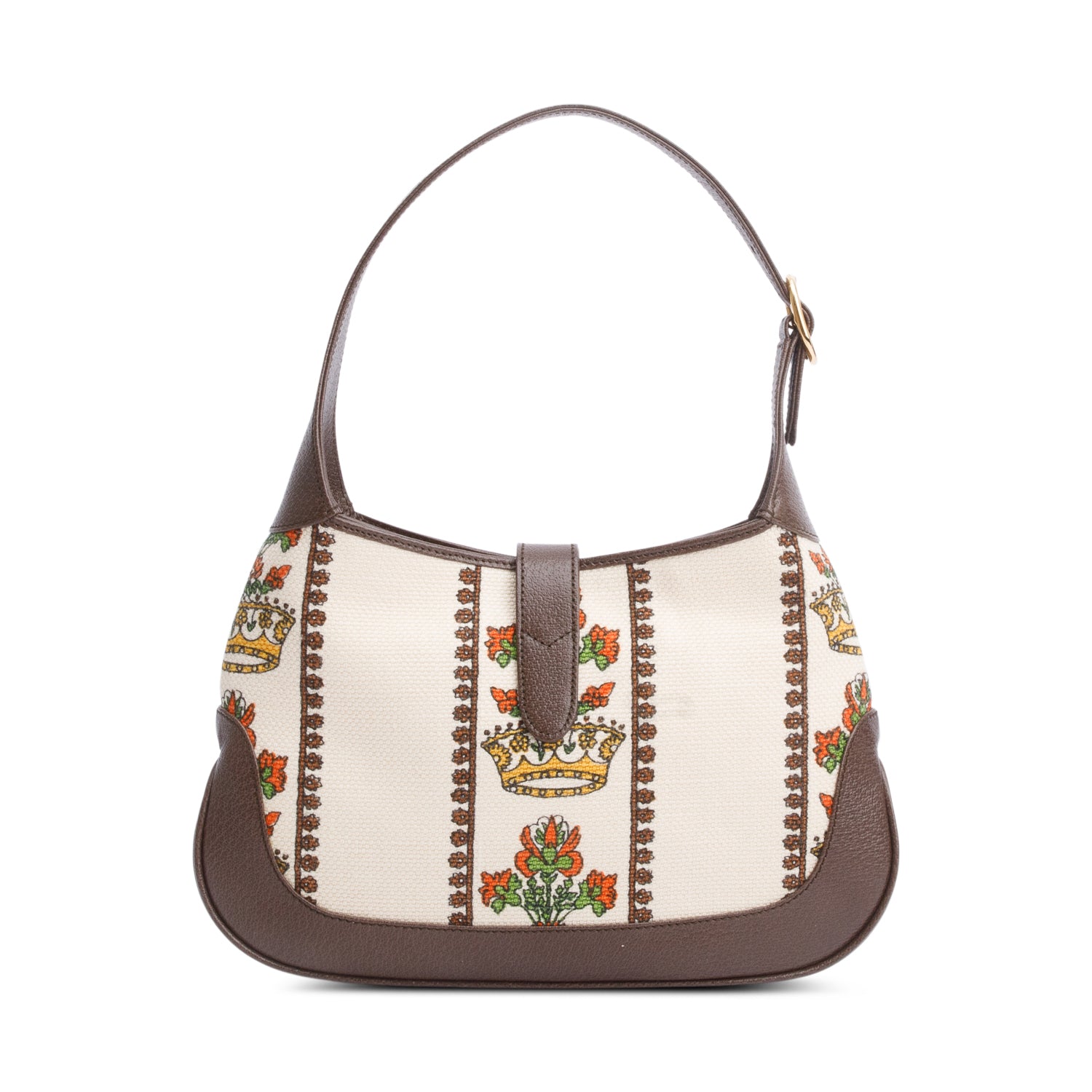 Gucci Neutral & Multicolor Music Is Mine Canvas Brown Leather Trim Small Jackie 1961 Shoulder Bag w/ Strap