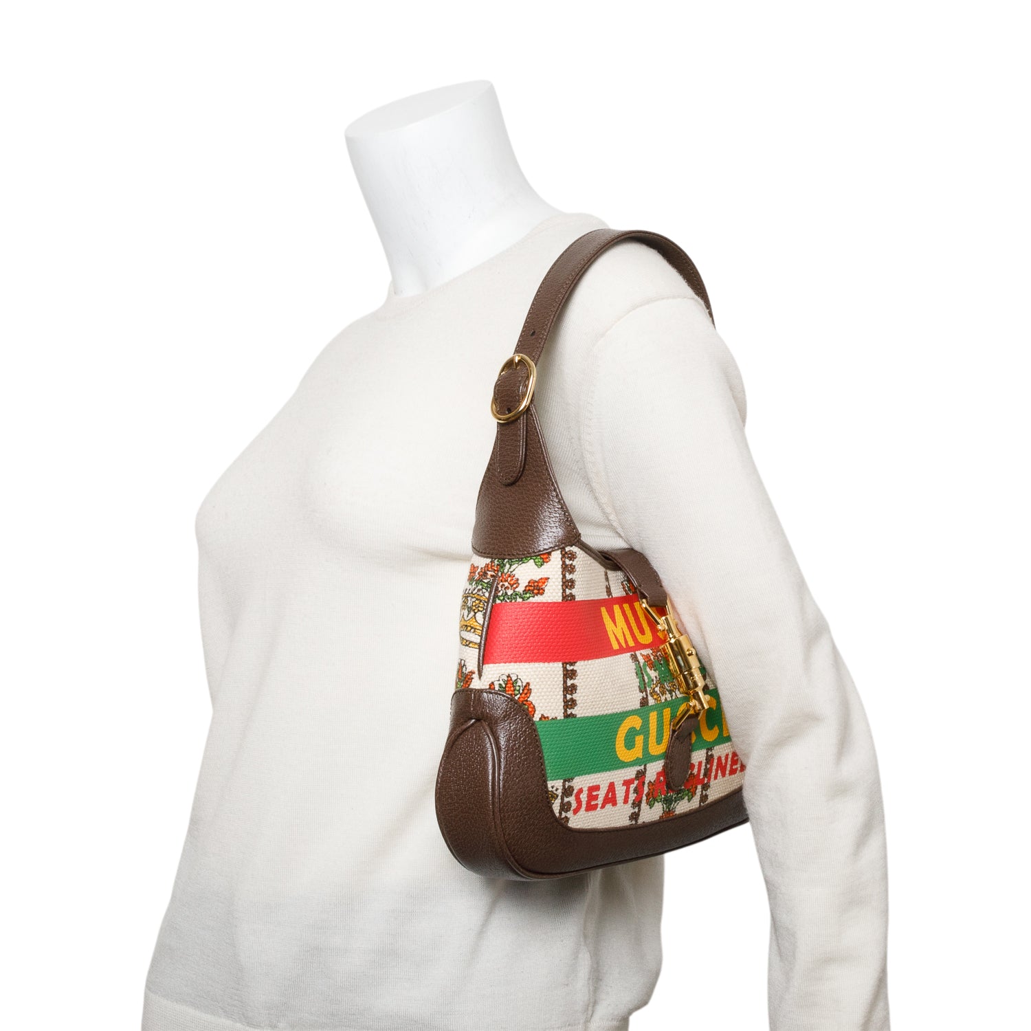 Gucci Neutral & Multicolor Music Is Mine Canvas Brown Leather Trim Small Jackie 1961 Shoulder Bag w/ Strap