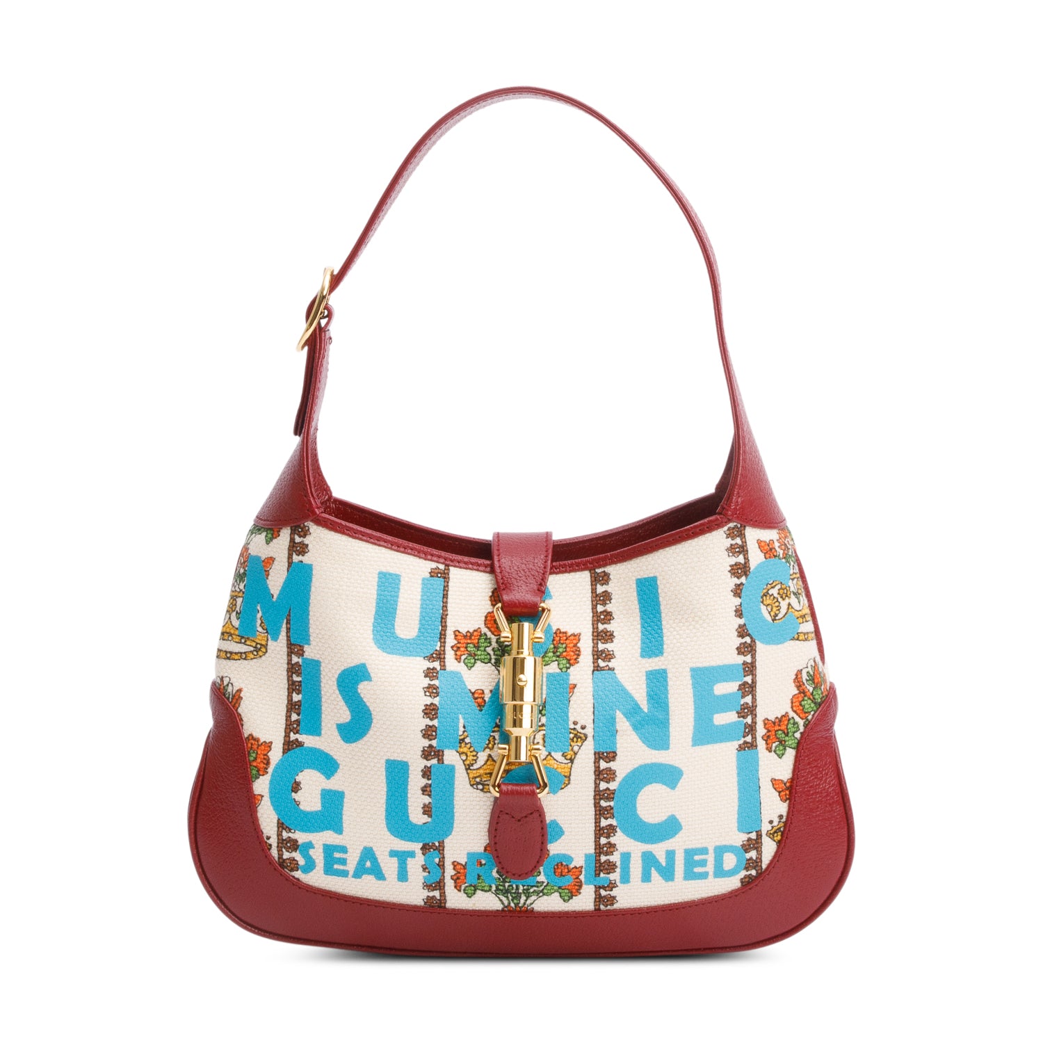 Gucci Neutral & Multicolor Music Is Mine Canvas Red Leather Trim Small Jackie 1961 Shoulder Bag w/ Strap