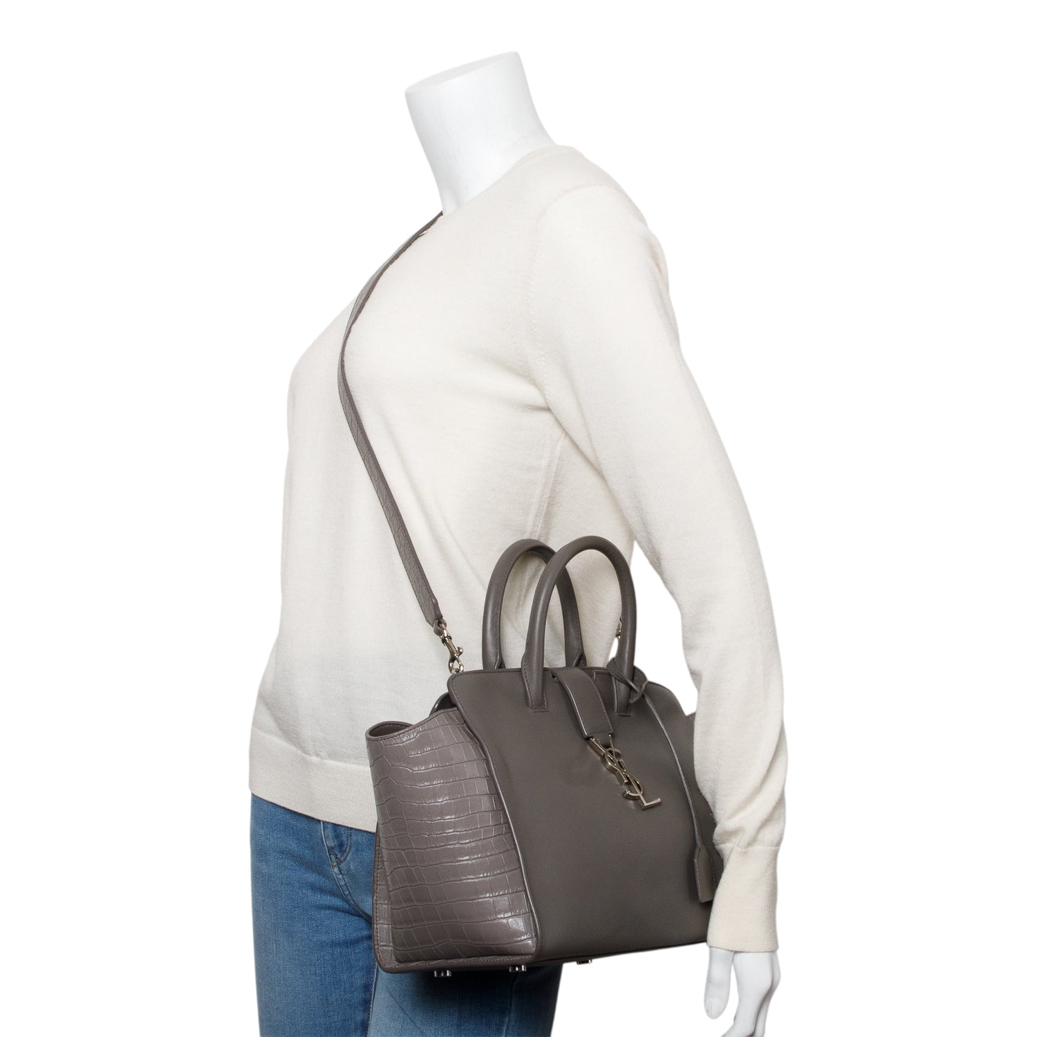 Saint Laurent Grey Calfskin and Croc Embossed Leather Downtown Baby Cabas Tote Bag w/ Strap