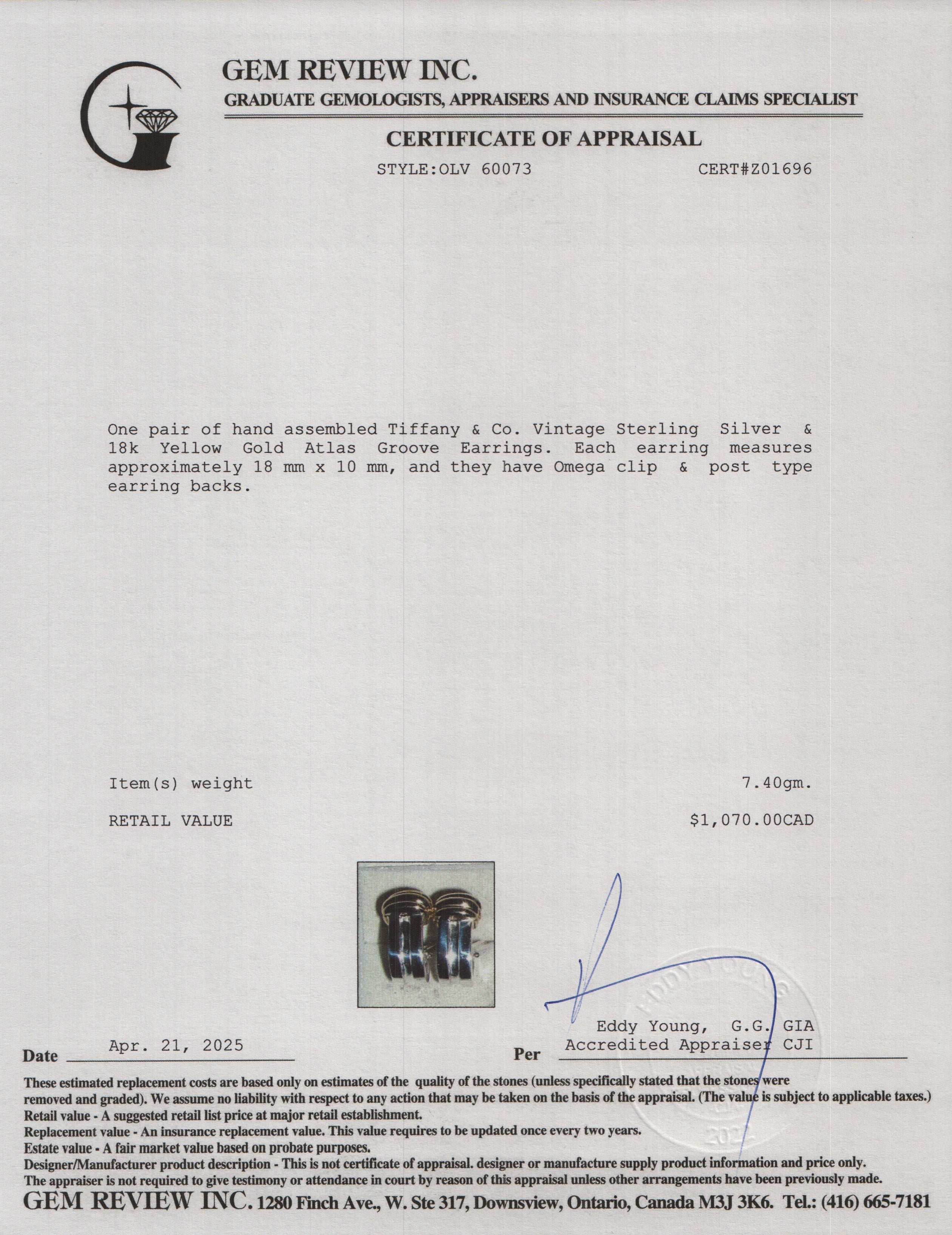 Tiffany & Co. Vintage Sterling Silver & 18k Yellow Gold Atlas Groove Earrings