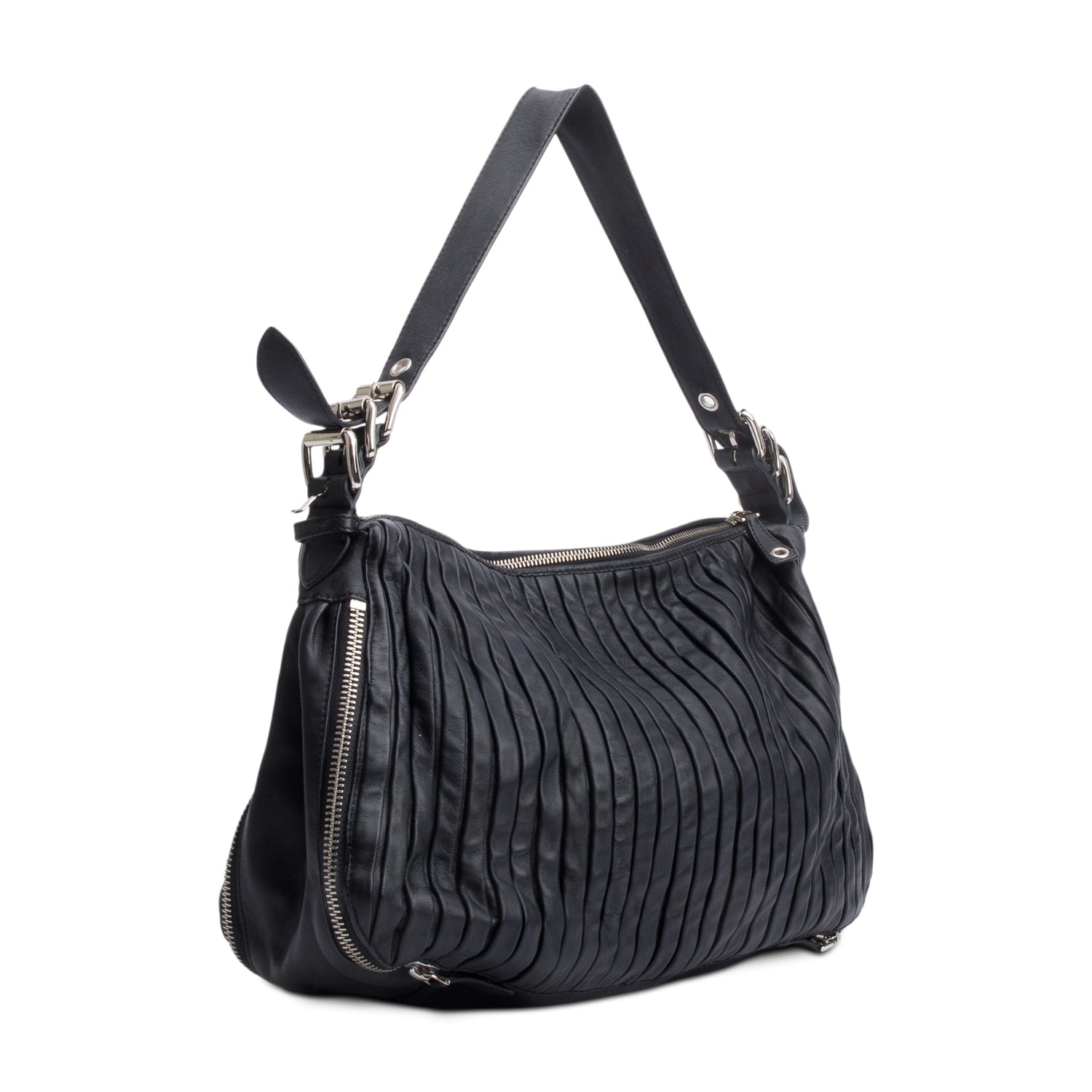 Miu Miu Black Nappa Leather Pleated Hobo Bag