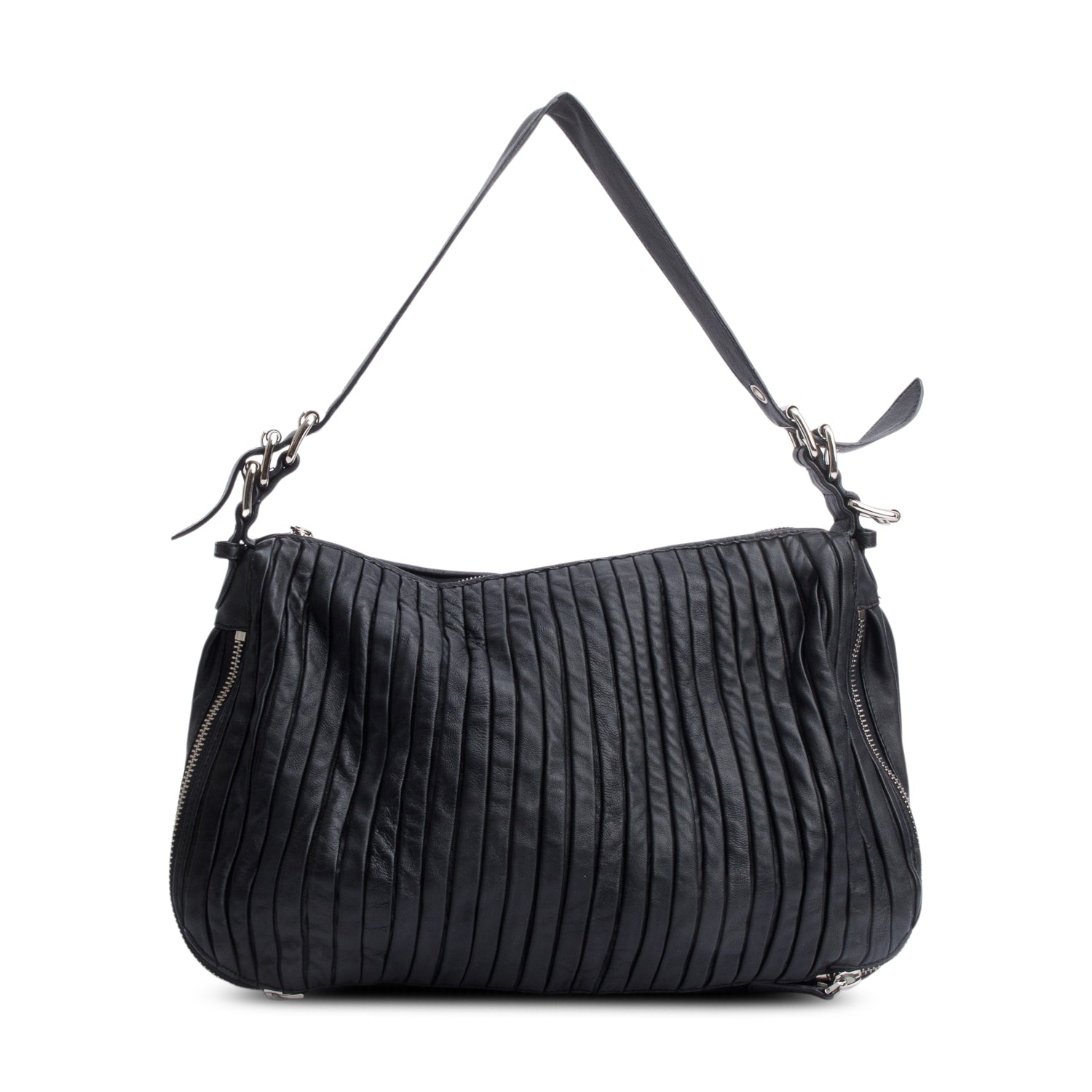 Miu Miu Black Nappa Leather Pleated Hobo Bag