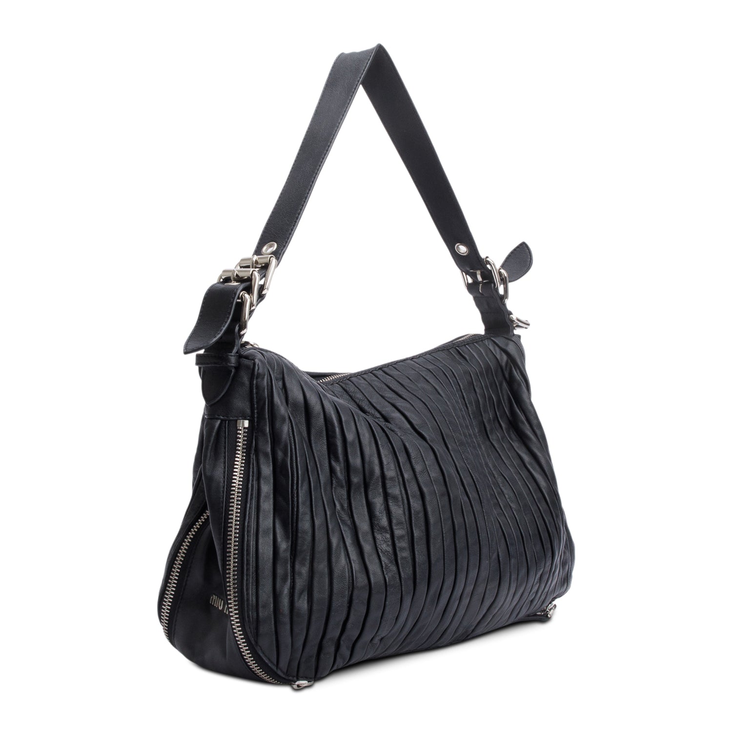 Miu Miu Black Nappa Leather Pleated Hobo Bag