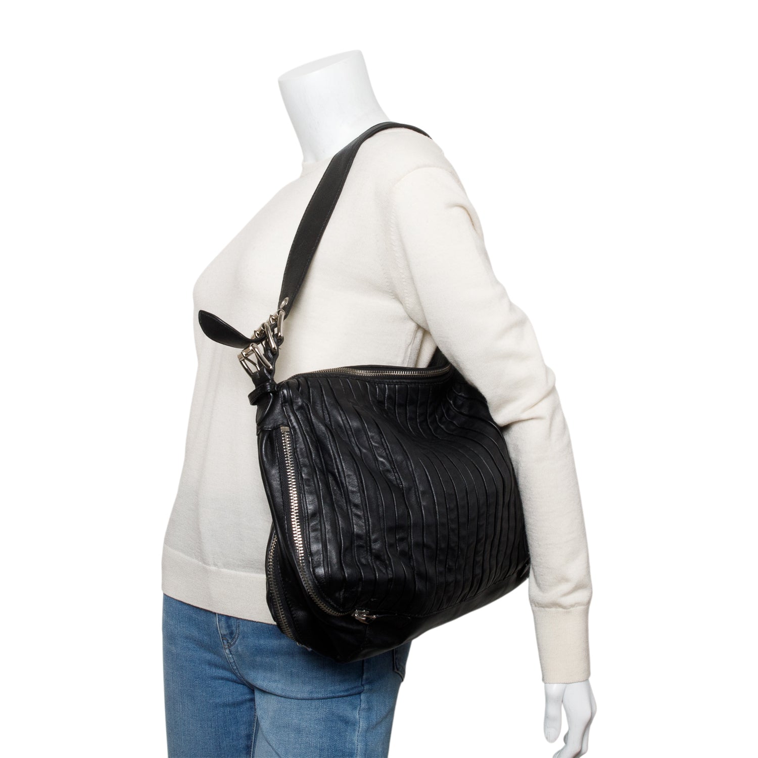 Miu Miu Black Nappa Leather Pleated Hobo Bag