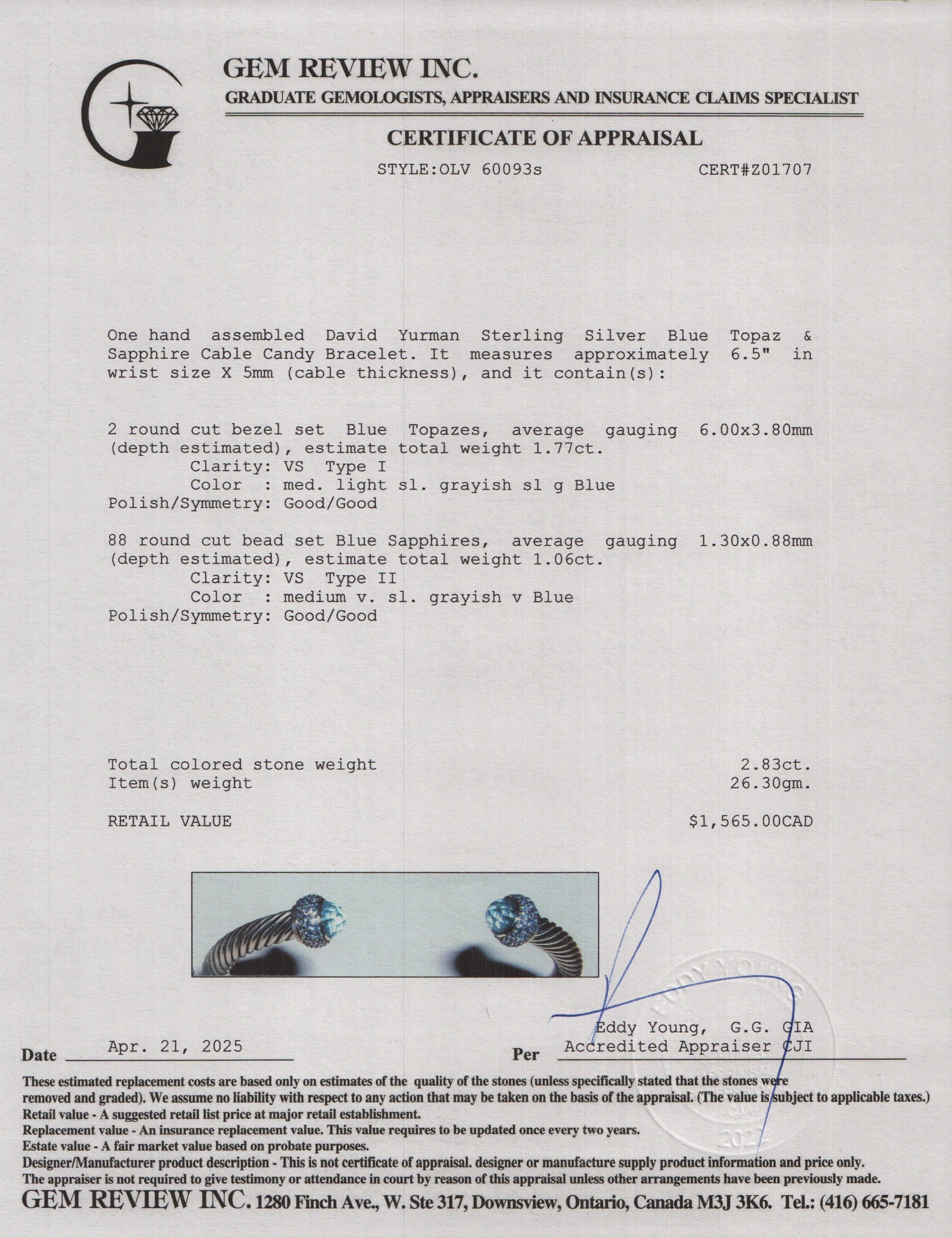 David Yurman Sterling Silver Blue Topaz & Sapphire 5 MM Cable Candy Bracelet