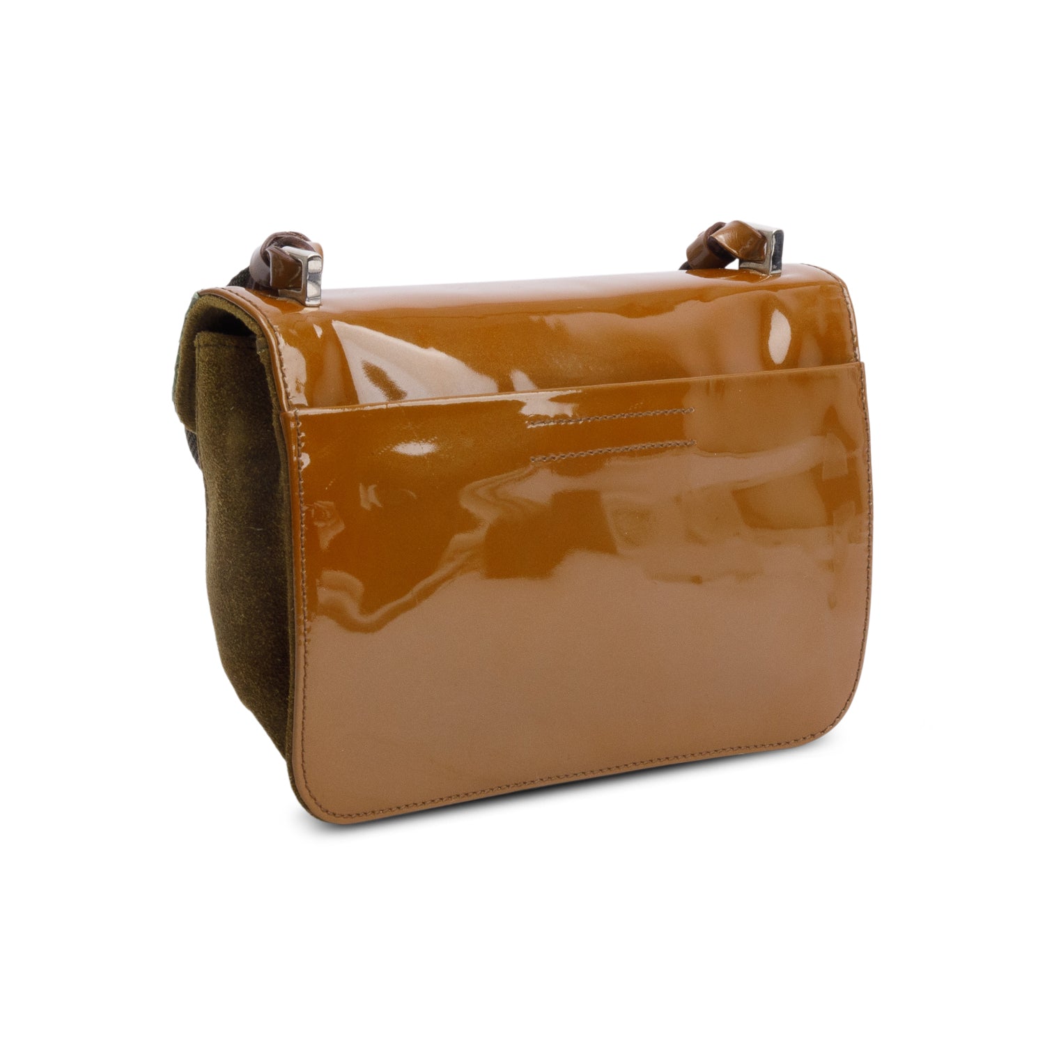 Prada Brown Brown Patent Leather Green Python and Suede Trimmed Mini Shoulder Bag