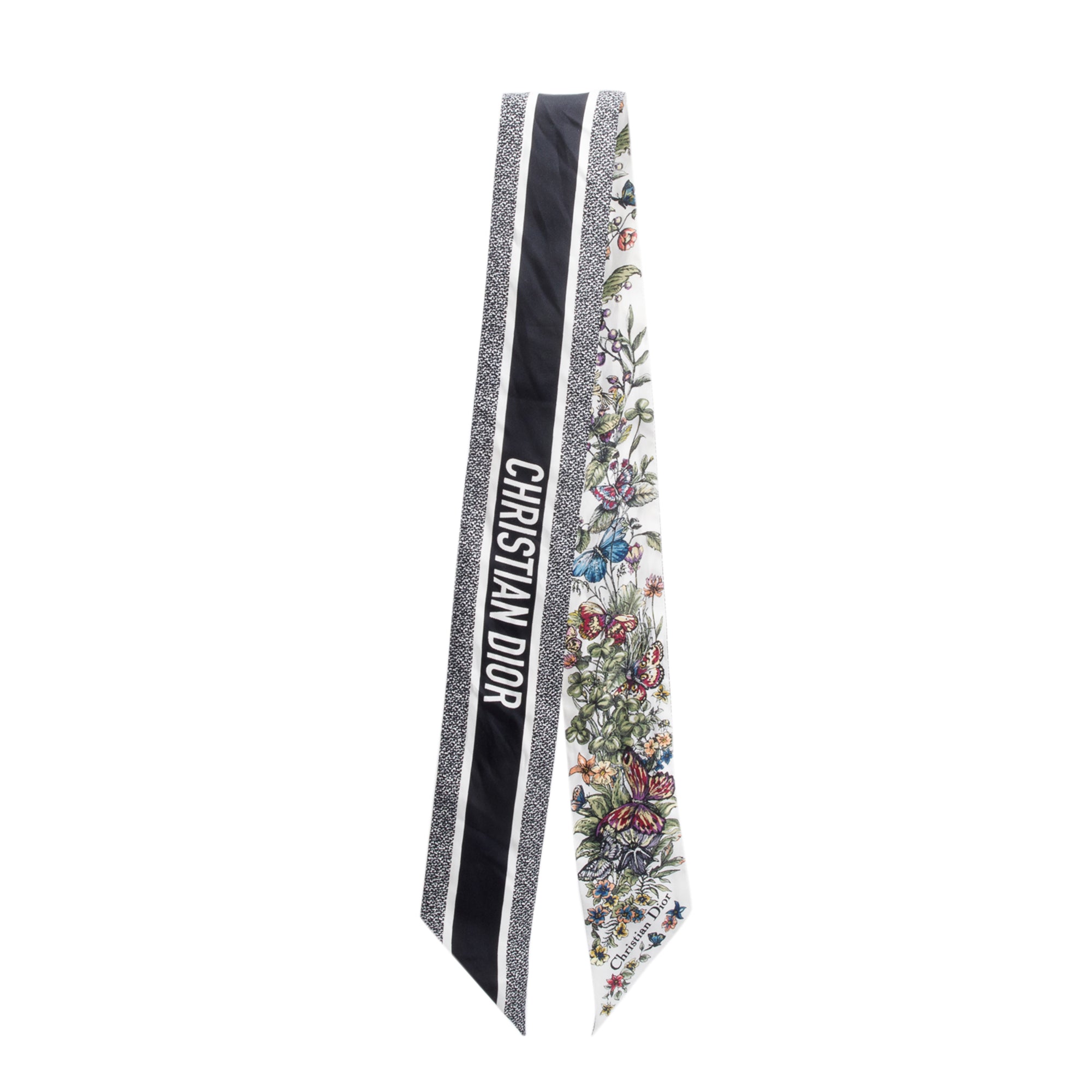 Christian Dior Ivory and Black Multicolor Jardin D'hiver Mitzah Silk Twilly w/ Box