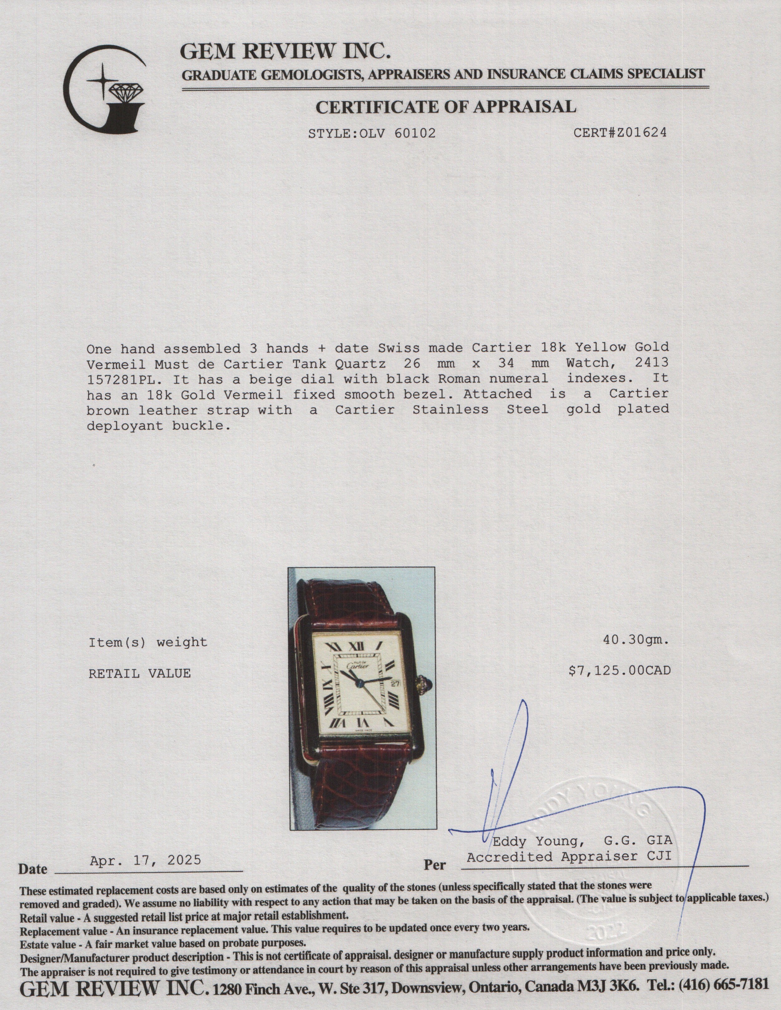 Cartier 18k Yellow Gold Vermeil Must de Cartier Tank Quartz Watch 2413