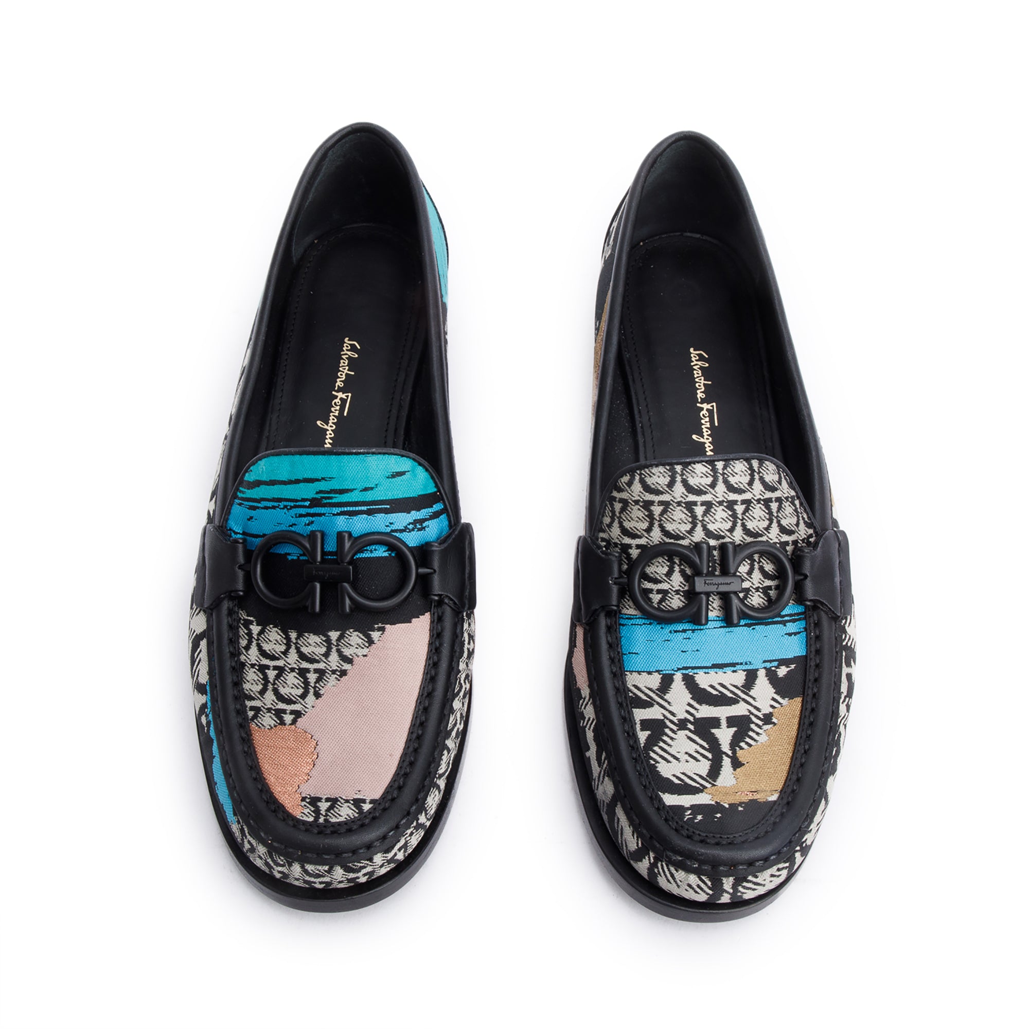 Salvatore Ferragamo Black Multicolor Rolo Gancini Logo Print Loafers, Size 6.5