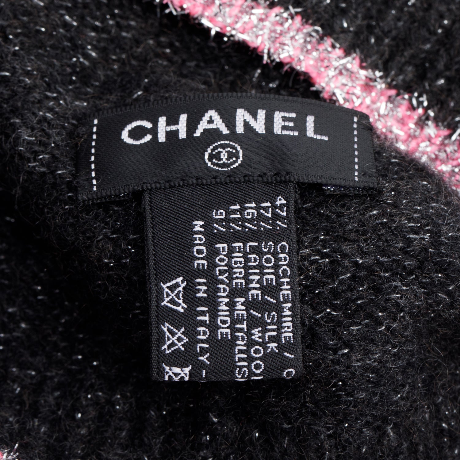 Chanel Black/Pink Glitter Cashmere CC Logo Beanie