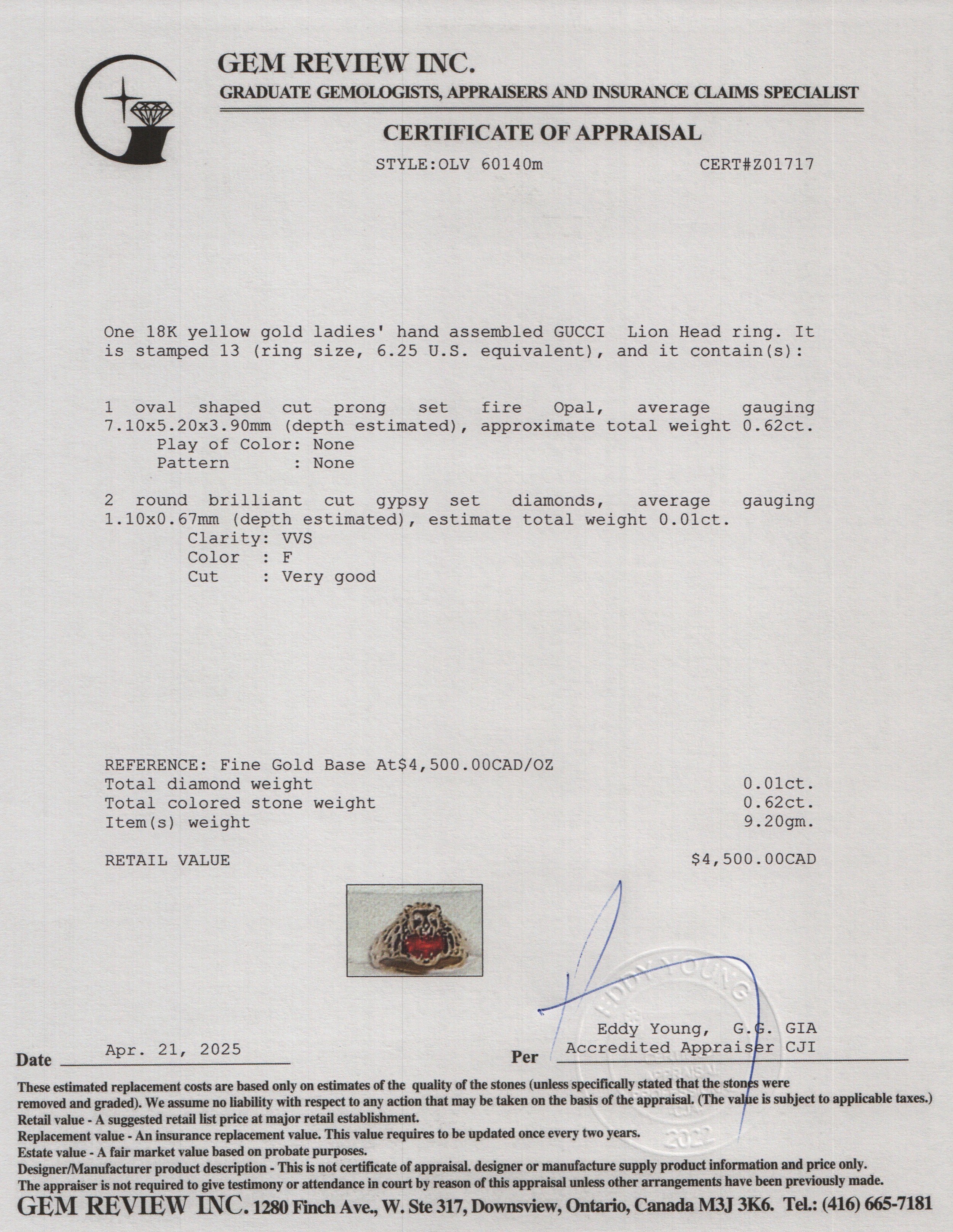 Gucci 18k Yellow Gold Lion Head Ring with Fire Opal & Diamonds, Size 13 6.25