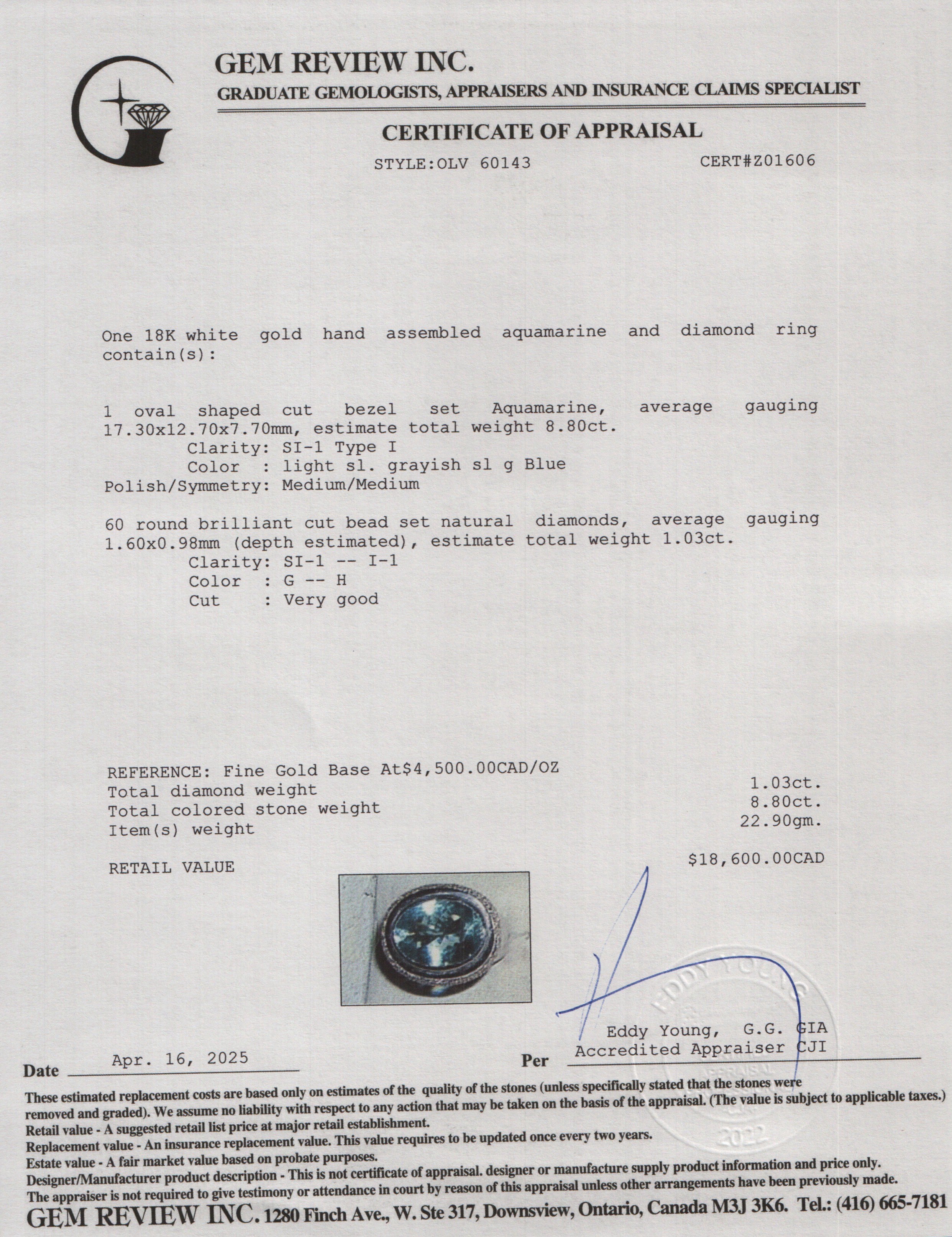 18k White Gold Aquamarine & Diamond Cocktail Ring, Size 5.75