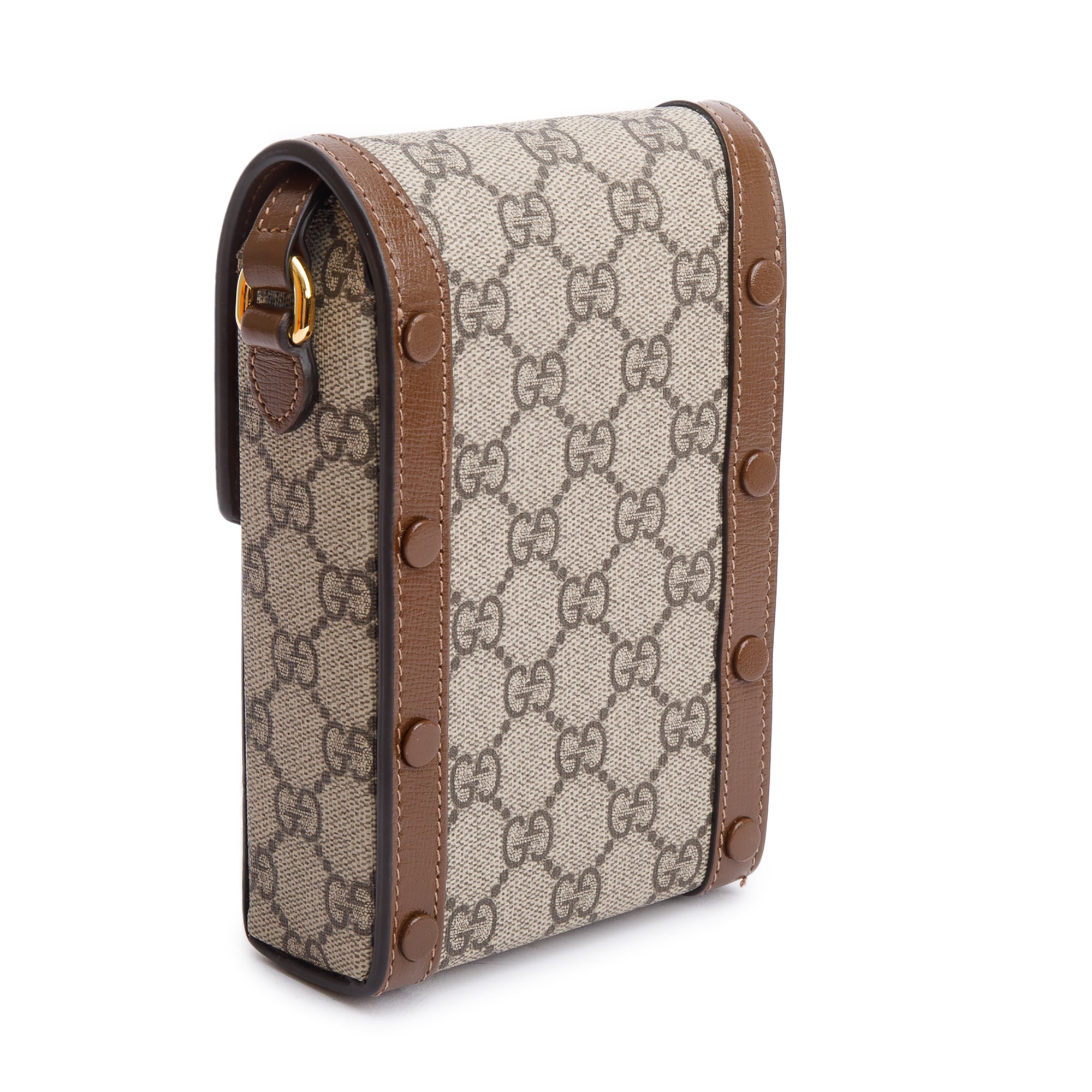Gucci GG Supreme Brown Leather Trim Mini Horsebit 1955 Crossbody Bag w/ Box