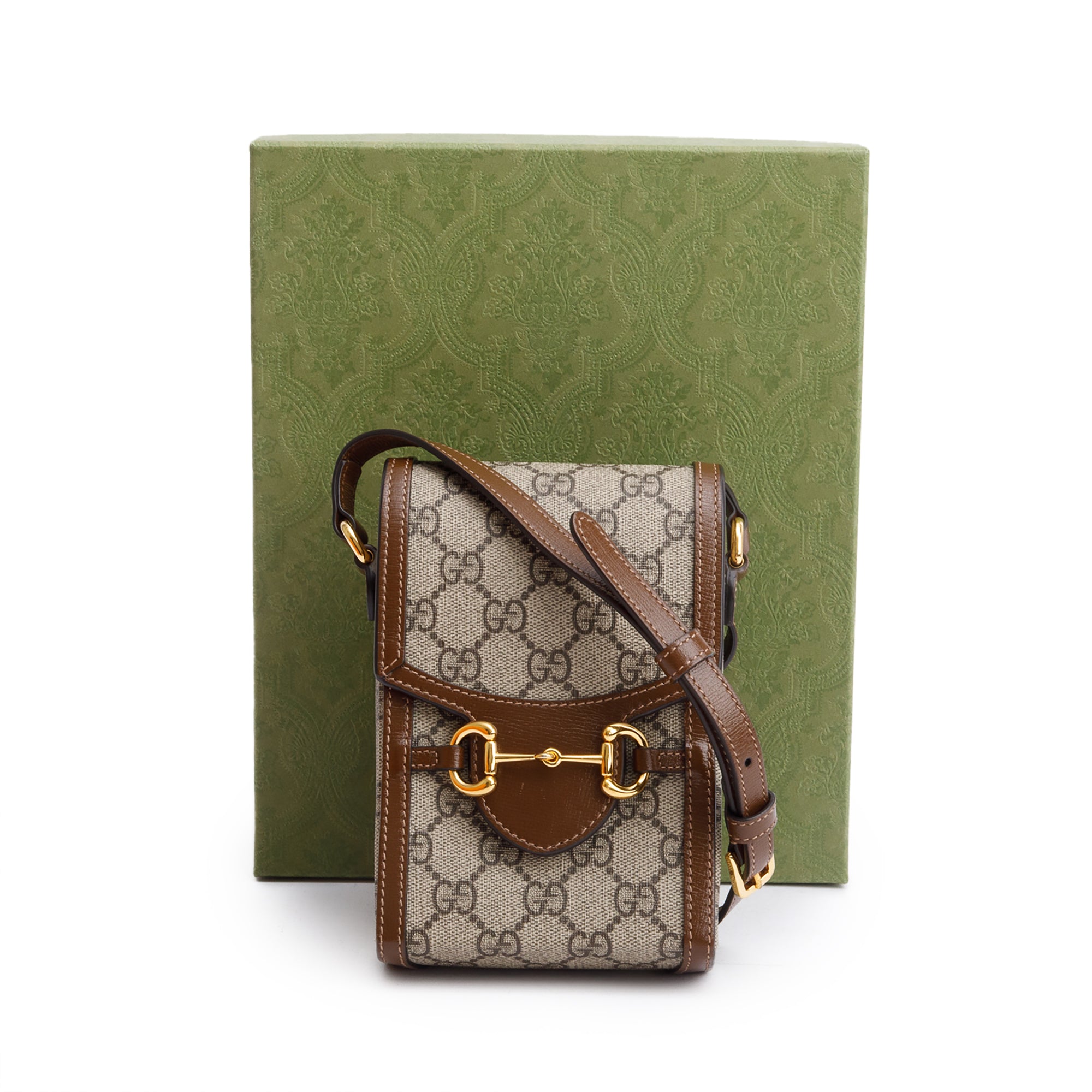 Gucci GG Supreme Brown Leather Trim Mini Horsebit 1955 Crossbody Bag w/ Box