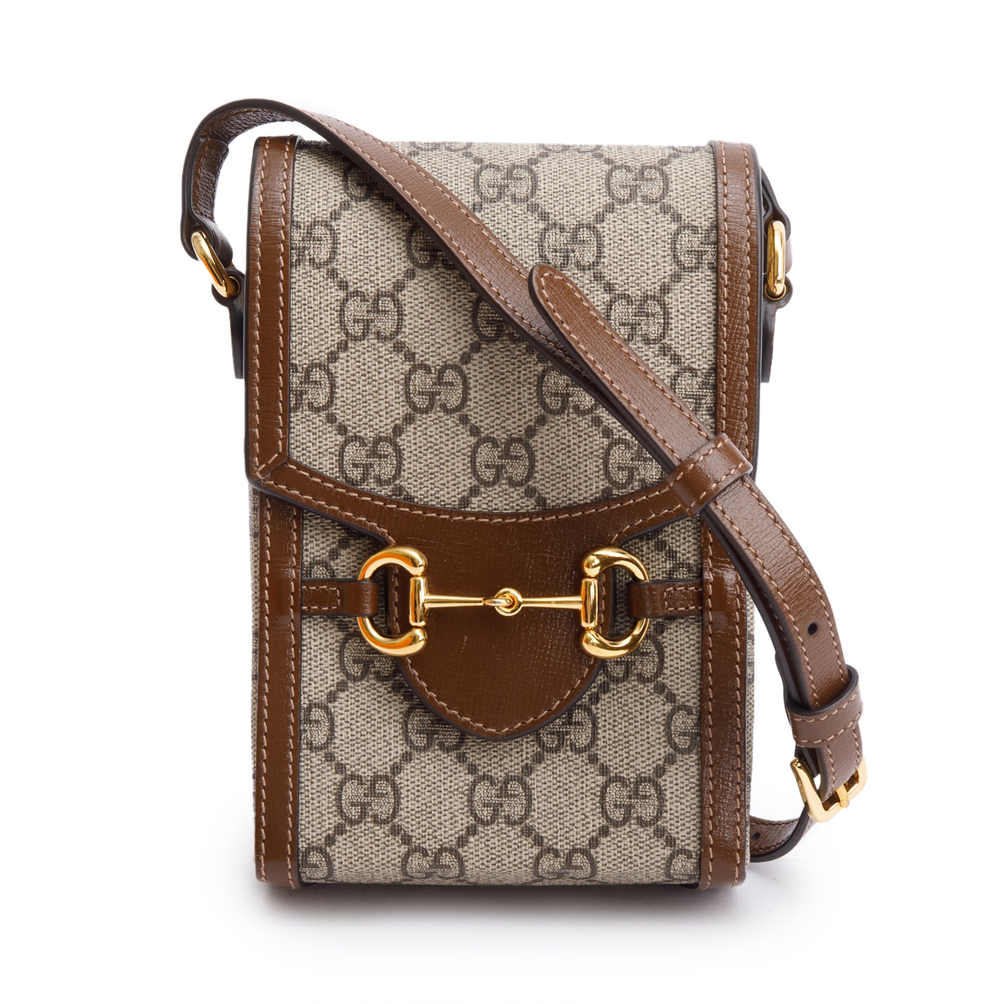 Gucci GG Supreme Brown Leather Trim Mini Horsebit 1955 Crossbody Bag w/ Box