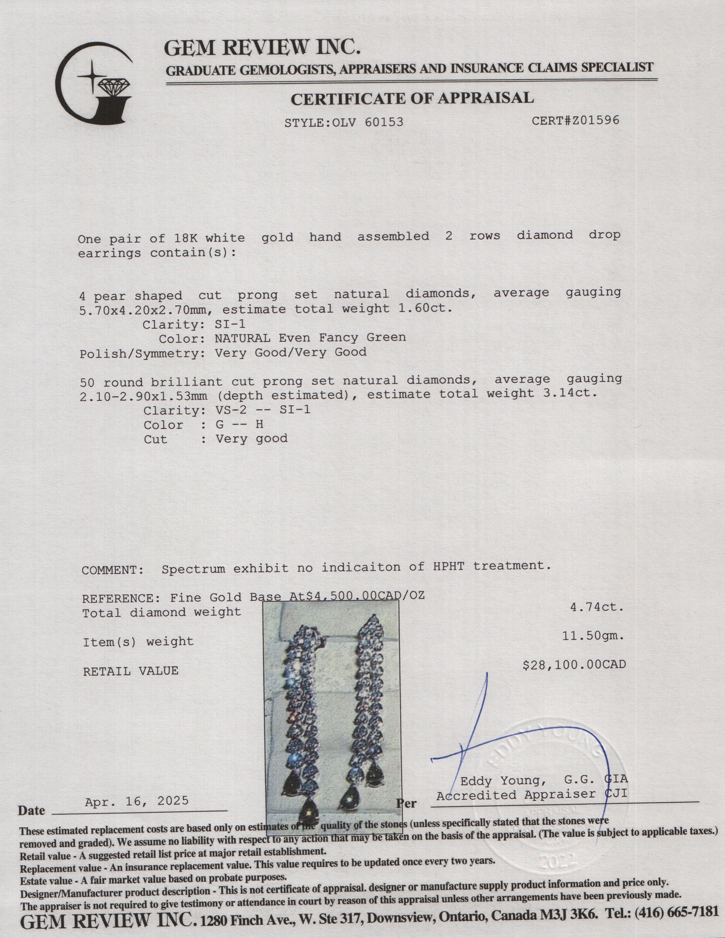 18k White Gold Two-Row Natural Green & White Diamond Drop Earrings