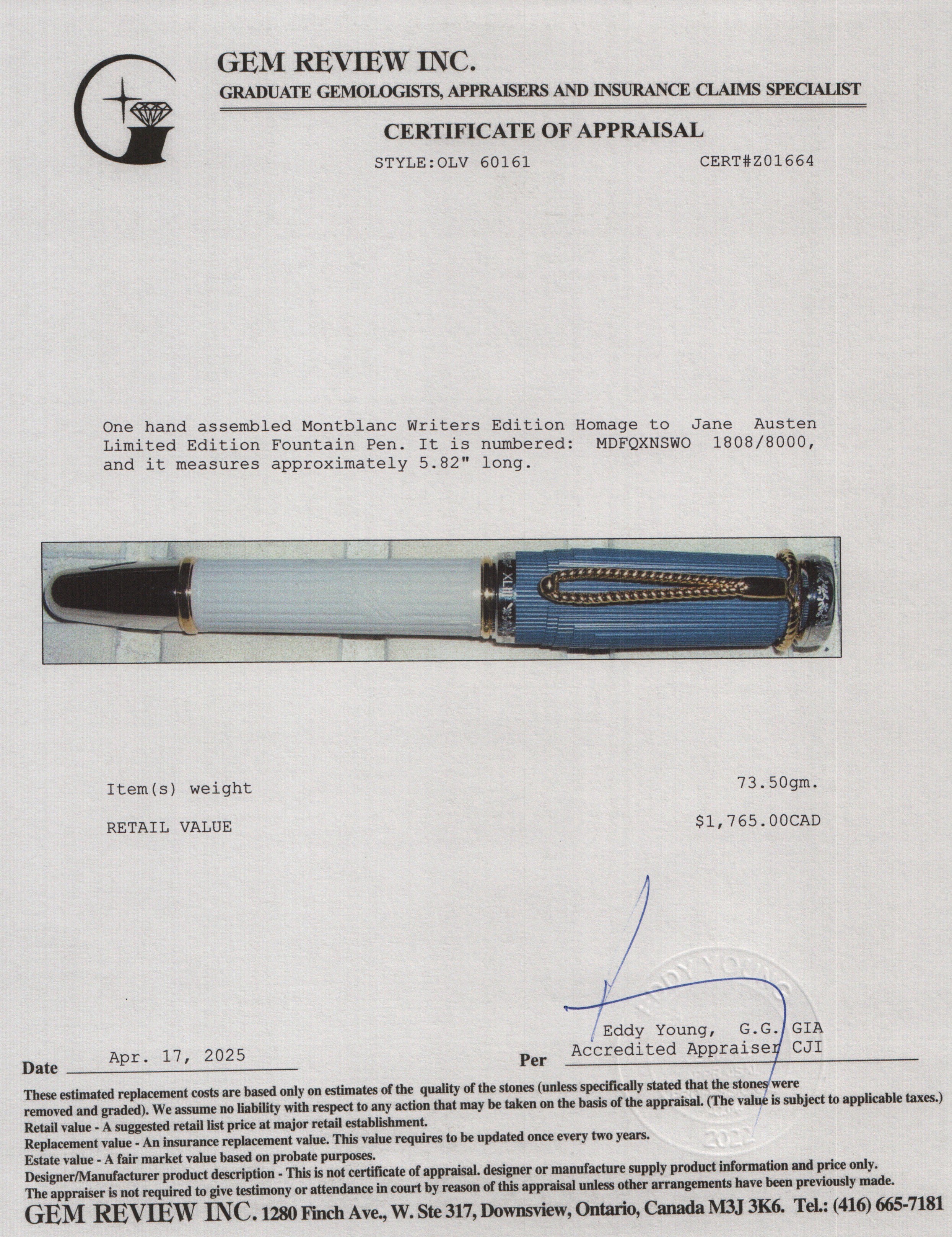 Montblanc Writers Edition Homage to Jane Austen Limited Edition Fountain Pen w/ Box & Receipt