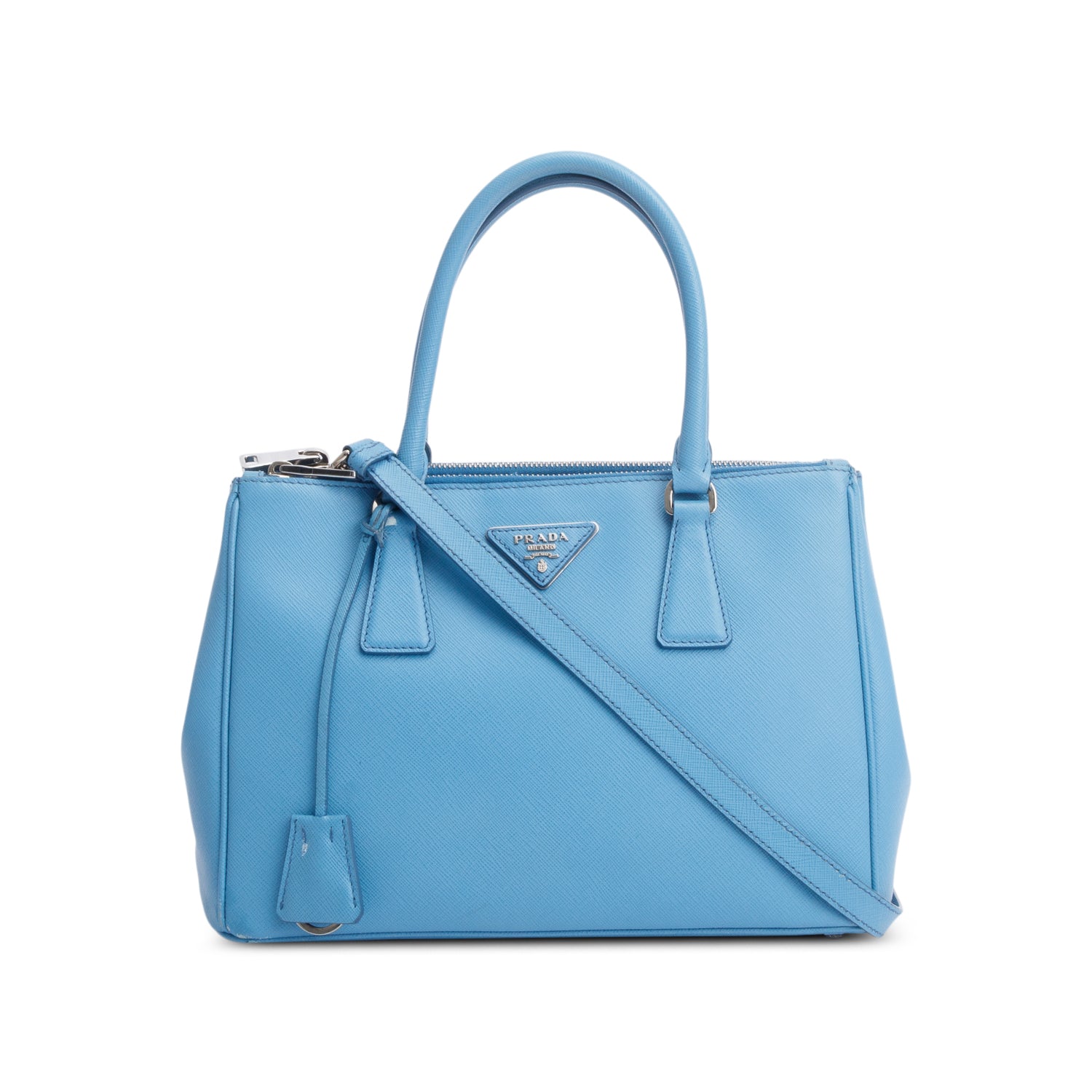 Prada Blue Saffiano Leather Small Double Zip Galleria Tote w/ Strap