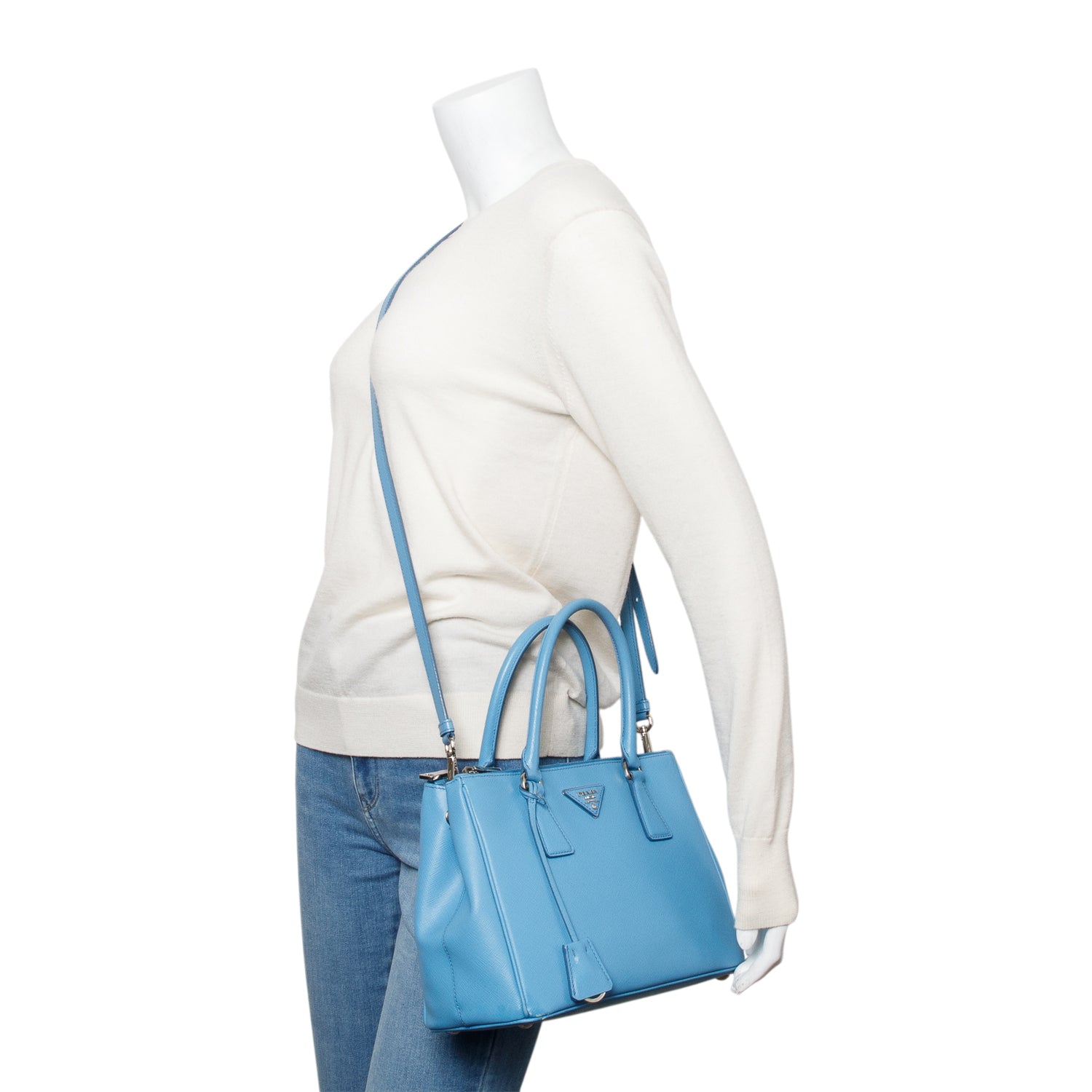 Prada Blue Saffiano Leather Small Double Zip Galleria Tote w/ Strap
