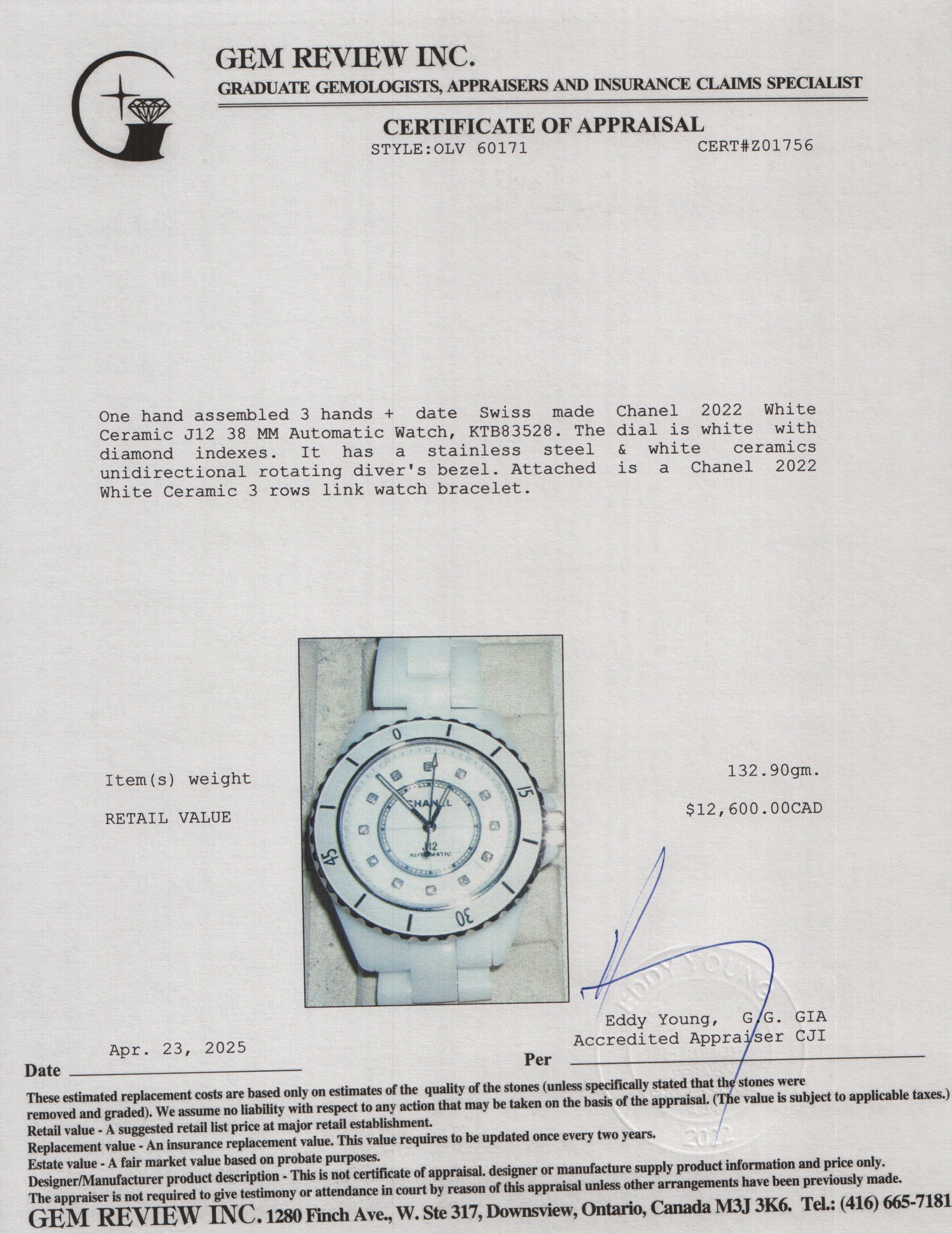 Chanel 2022 White Ceramic J12 38 MM Automatic Watch Diamond Dial w/ Box & Papers