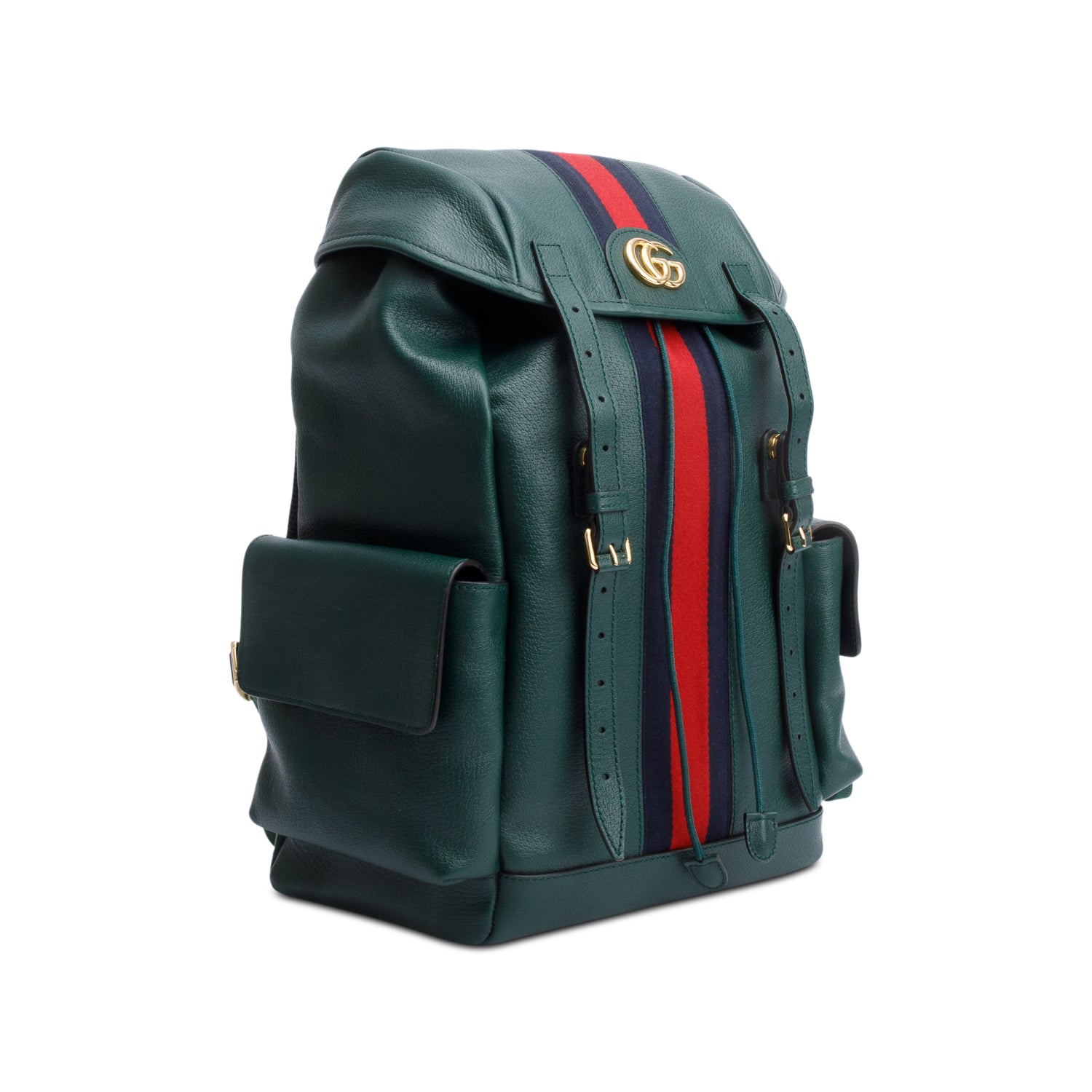 Gucci Green Calfskin Leather Web Double Buckle Ophidia Medium Backpack