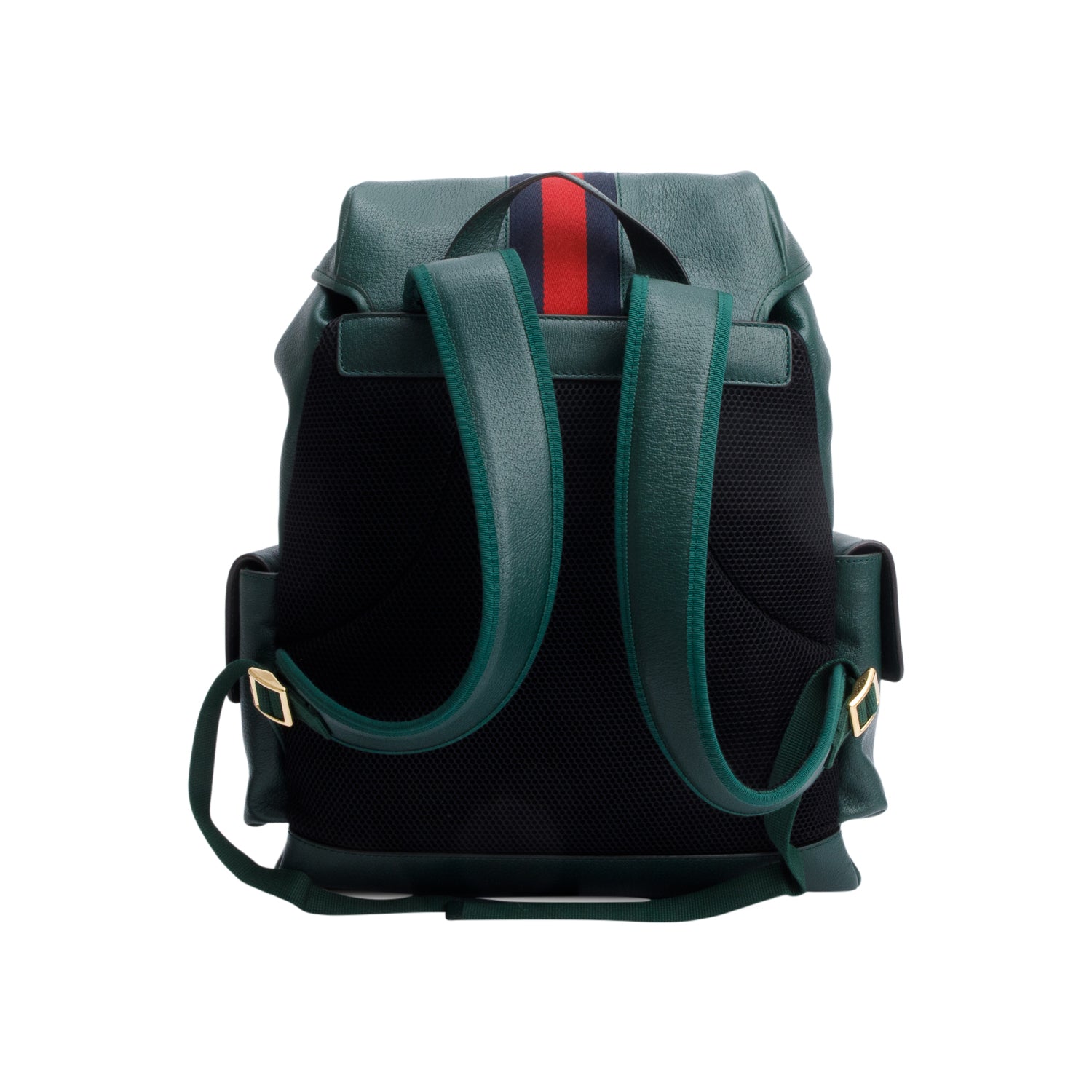 Gucci Green Calfskin Leather Web Double Buckle Ophidia Medium Backpack