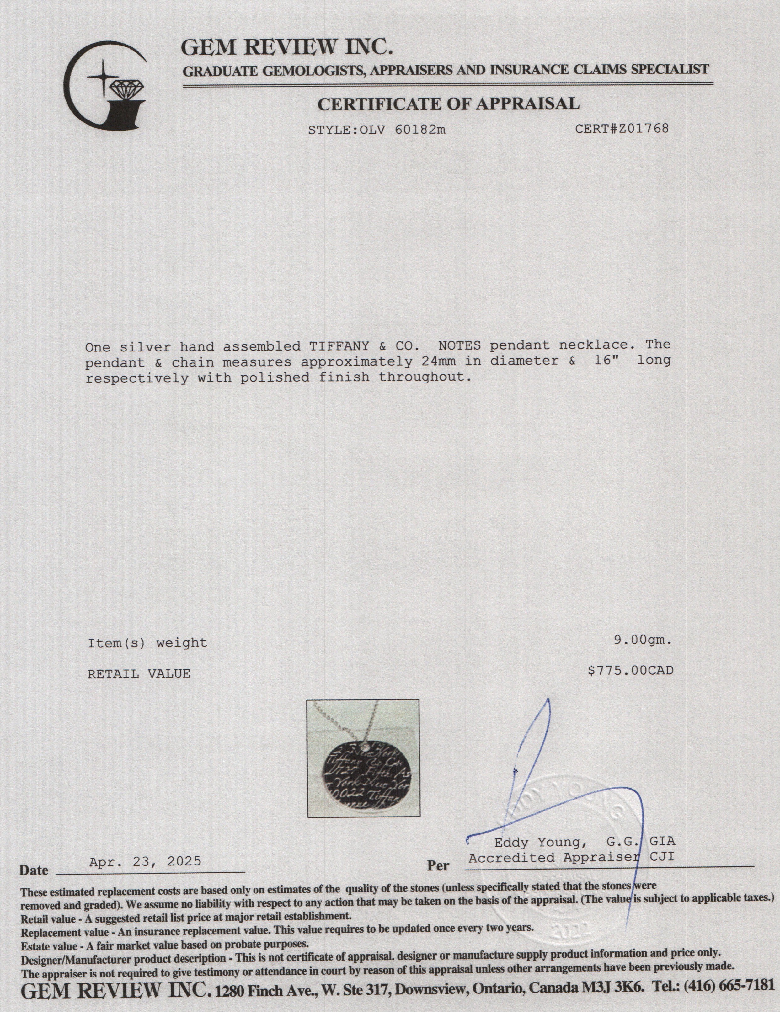 Tiffany & Co. Sterling Silver Small Notes Round Pendant Necklace