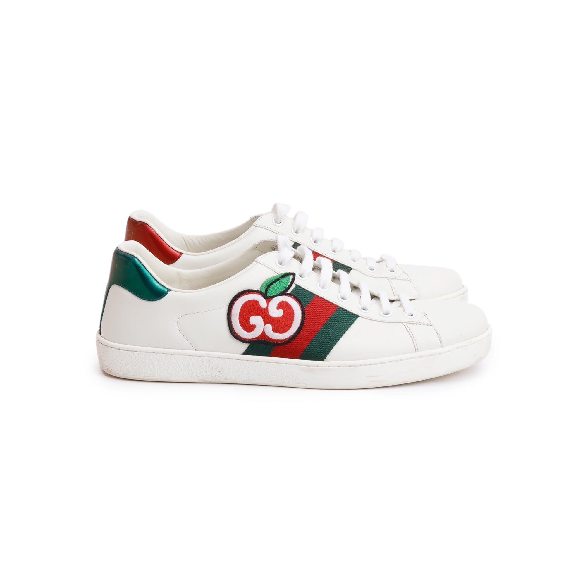 Gucci White Leather Embroidered Web GG Apple Men's Ace Sneakers, Size 8 w/ Box
