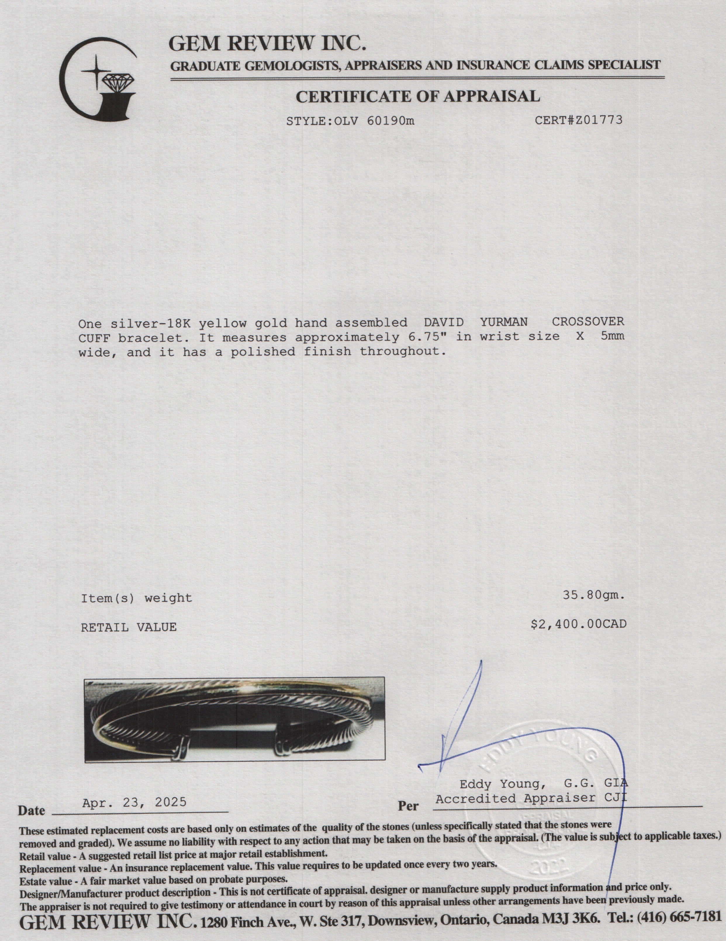 David Yurman Sterling Silver & 18k Yellow Gold 5 MM Crossover Cuff Bracelet