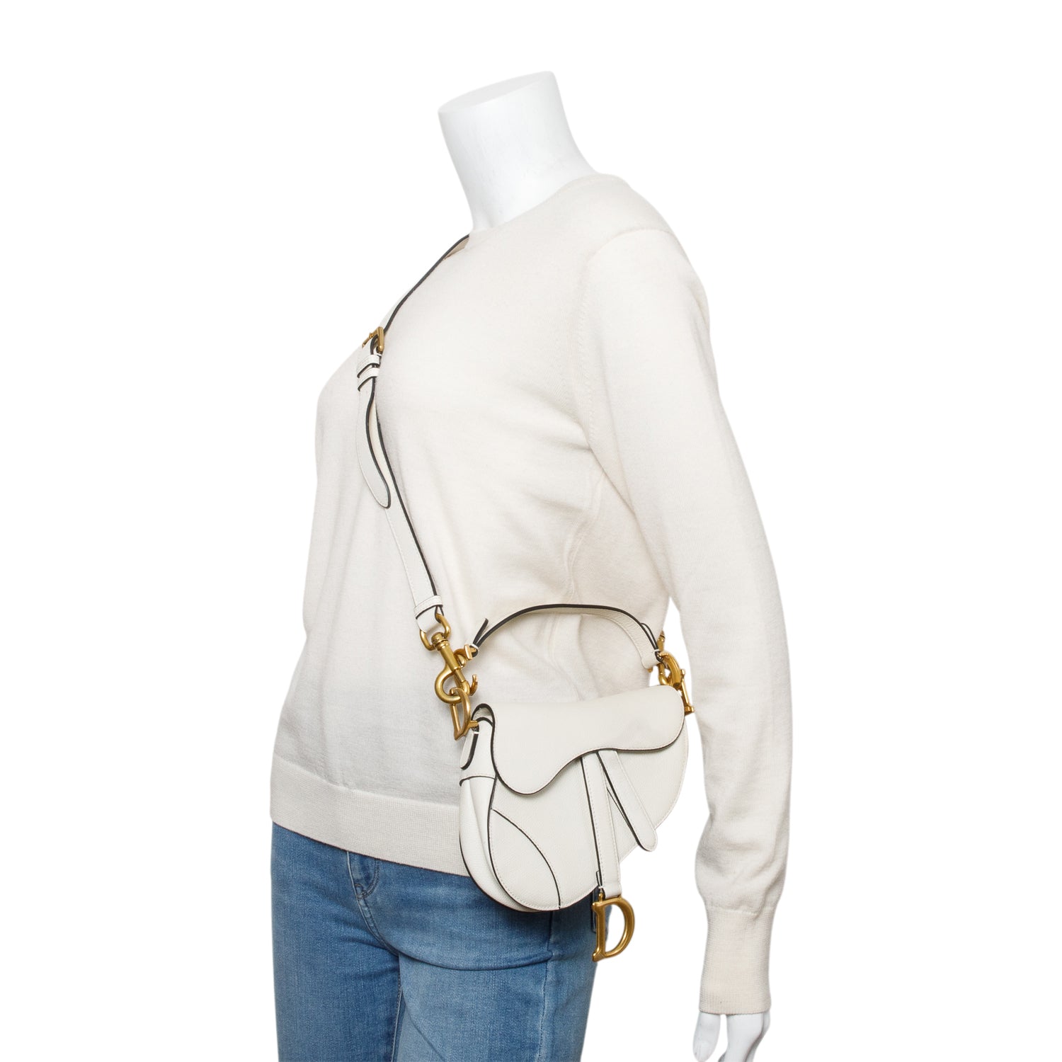 Christian Dior White Grained Calfskin Leather Mini Saddle Bag w/ Strap