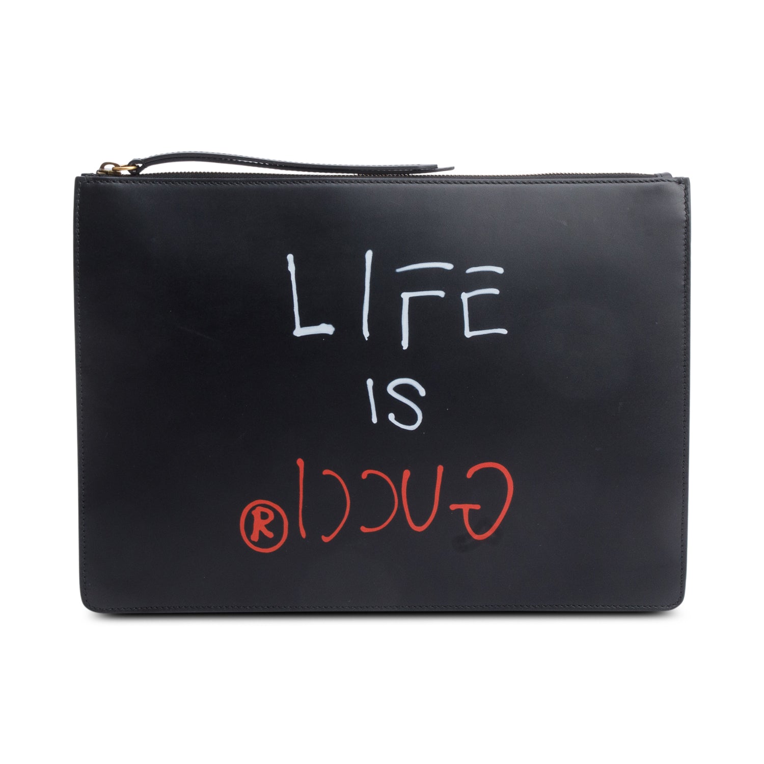 Gucci Black Calfskin Leather 'Life Is Gucci' Print Wristlet Pouch
