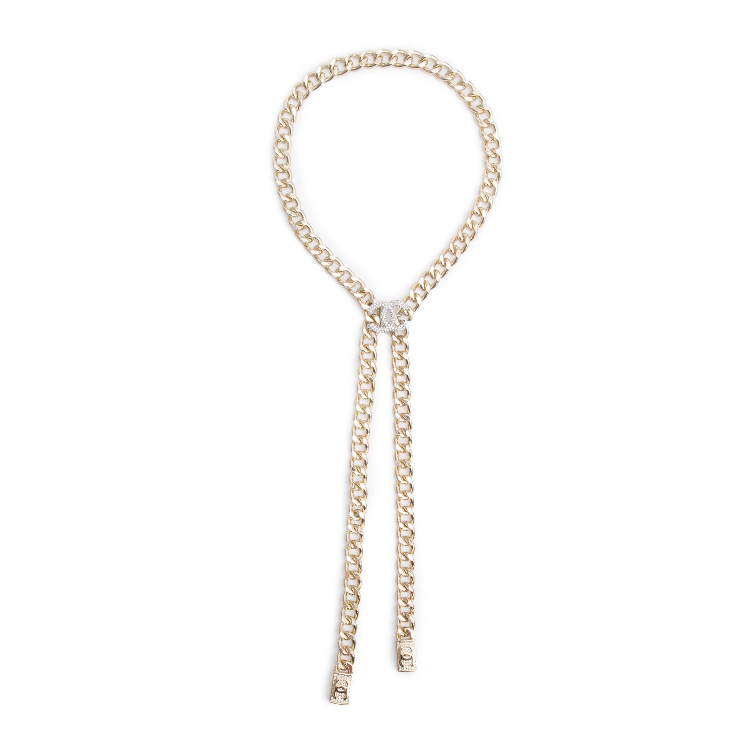 Chanel Gold Plated Strass CC Lariat Necklace w/ Box