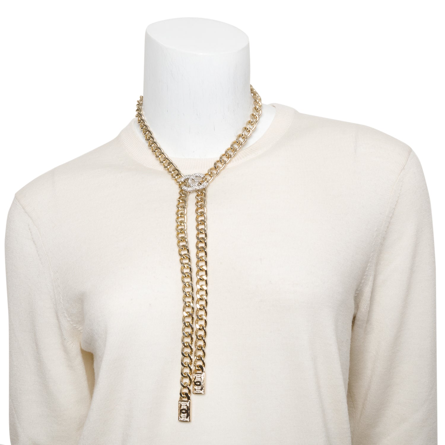 Chanel Gold Plated Strass CC Lariat Necklace w/ Box