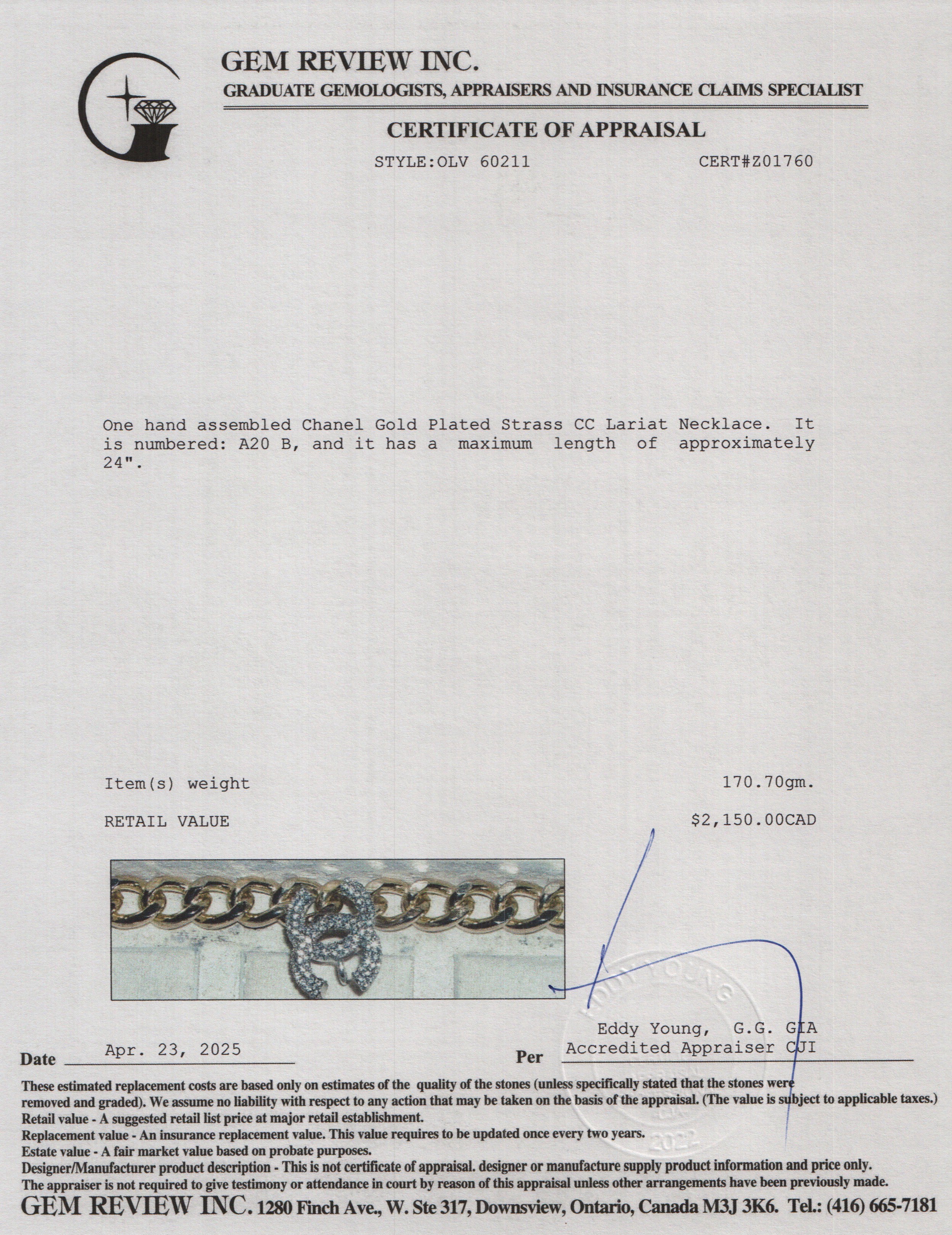 Chanel Gold Plated Strass CC Lariat Necklace w/ Box