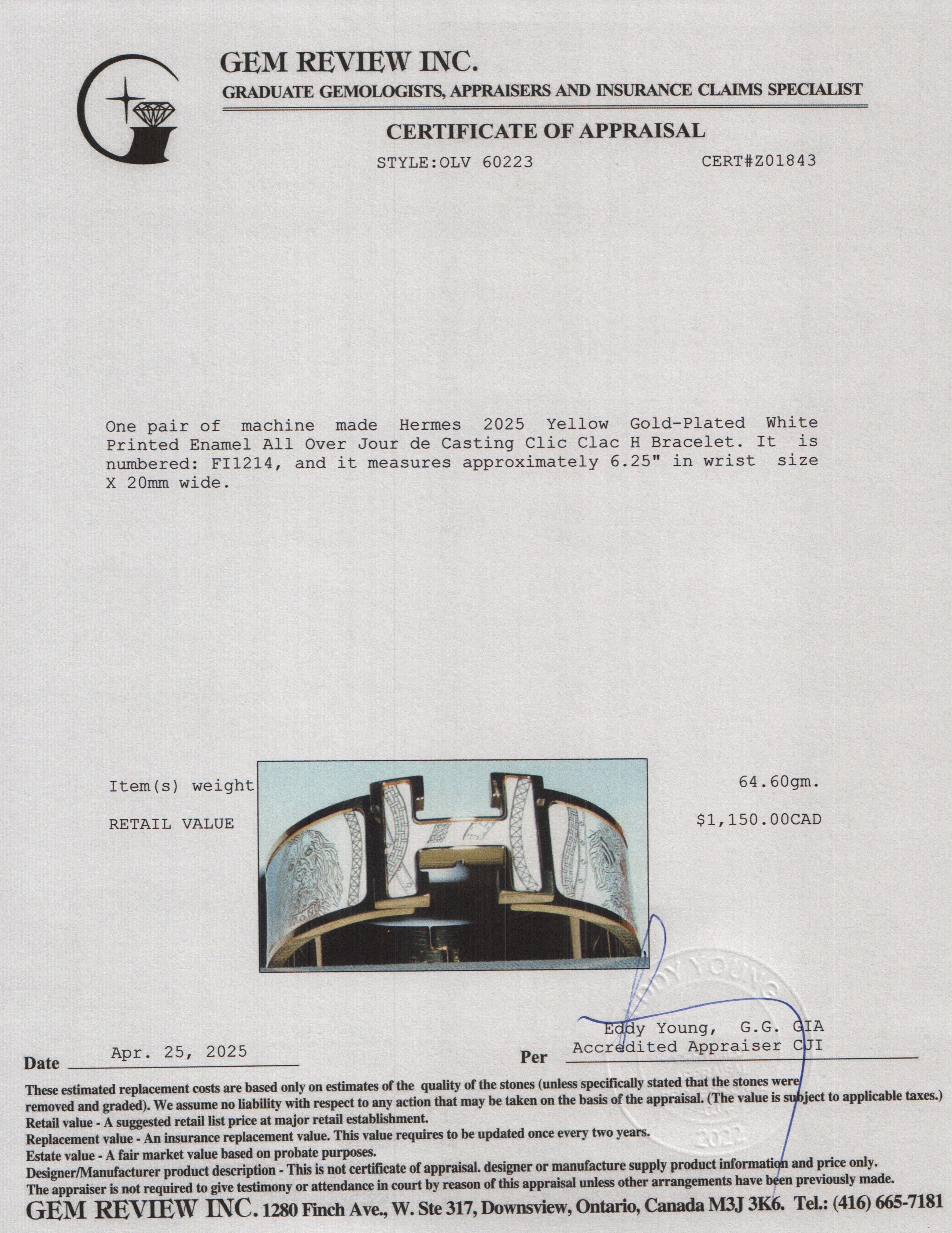 Hermes 2025 Yellow Gold-Plated White Printed Enamel All Over Jour de Casting Clic Clac H Bracelet w/ Box & Receipt