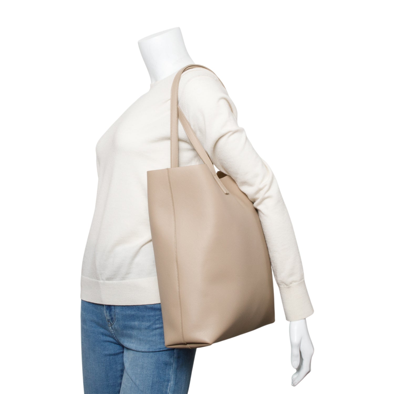 Saint Laurent Beige Calfskin Leather N/S Shopping Tote w/ Pouch