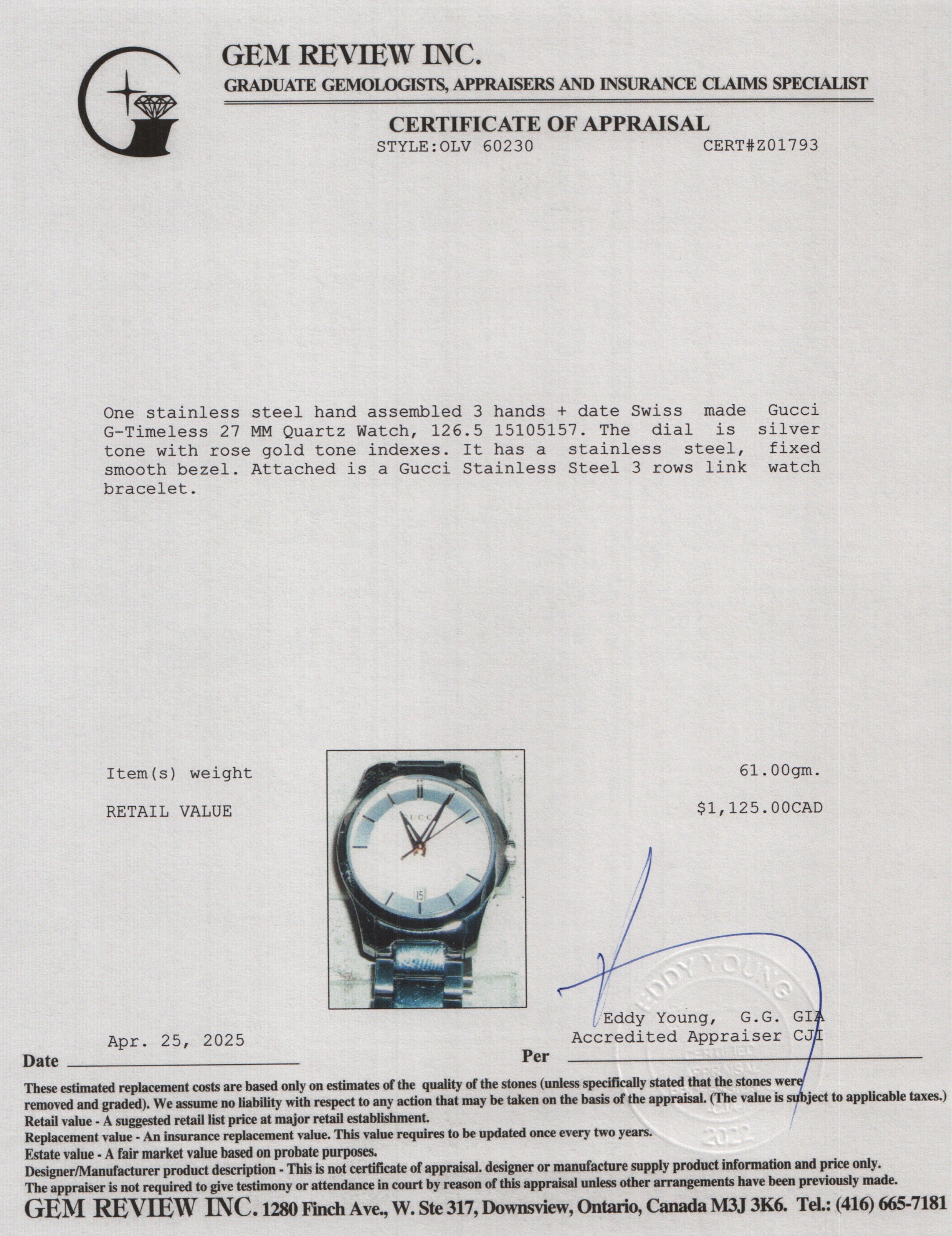 Gucci Stainless Steel G-Timeless 27 MM Quartz Watch w/ Box & Papers