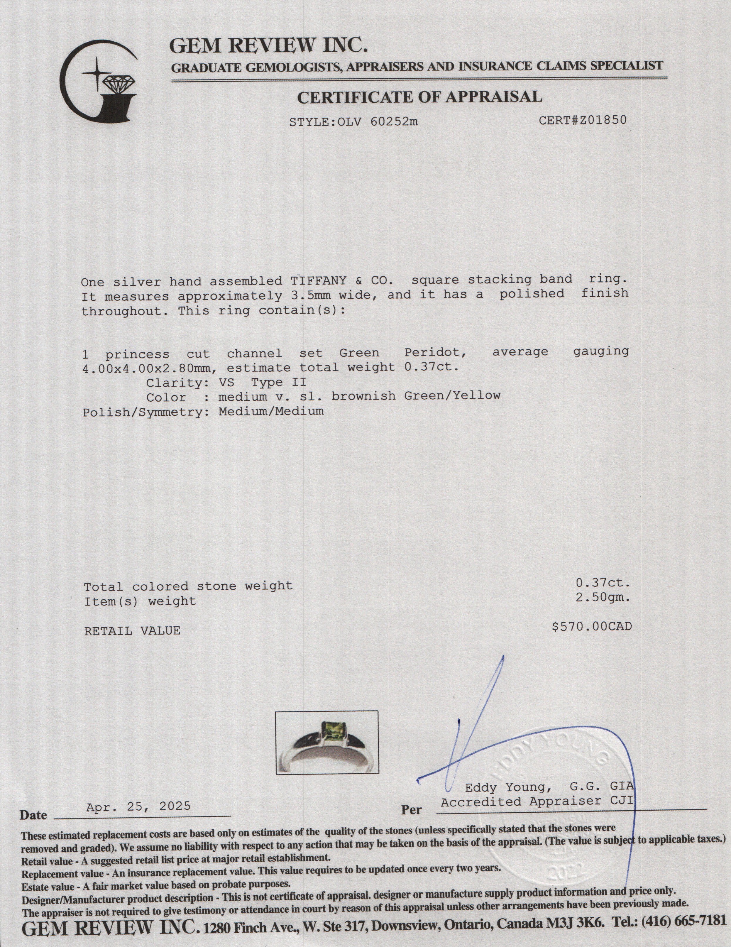 Tiffany & Co. Sterling Silver Peridot Stacking Ring, Size 4.5