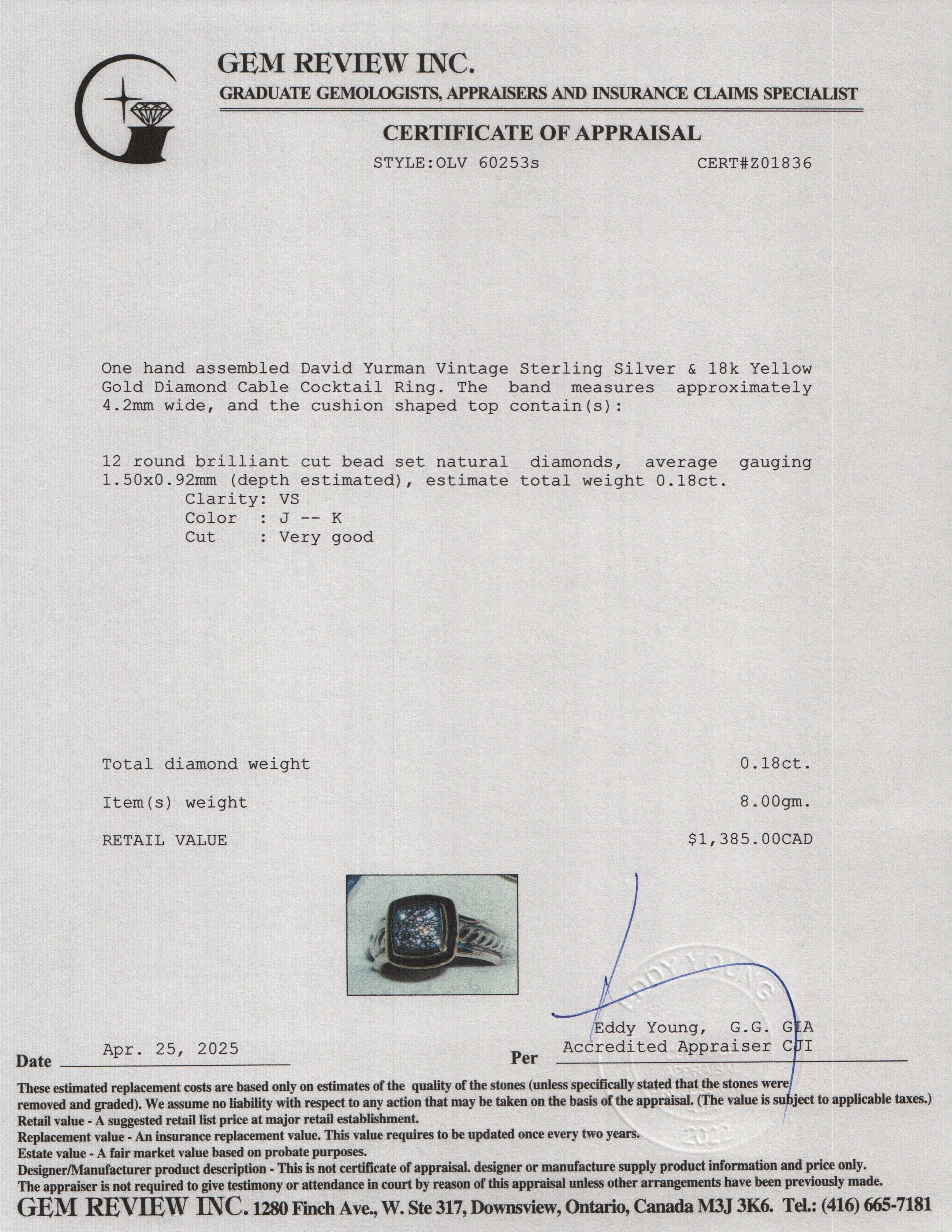 David Yurman Vintage Sterling Silver & 18k Yellow Gold Diamond Cable Cocktail Ring, Size 7